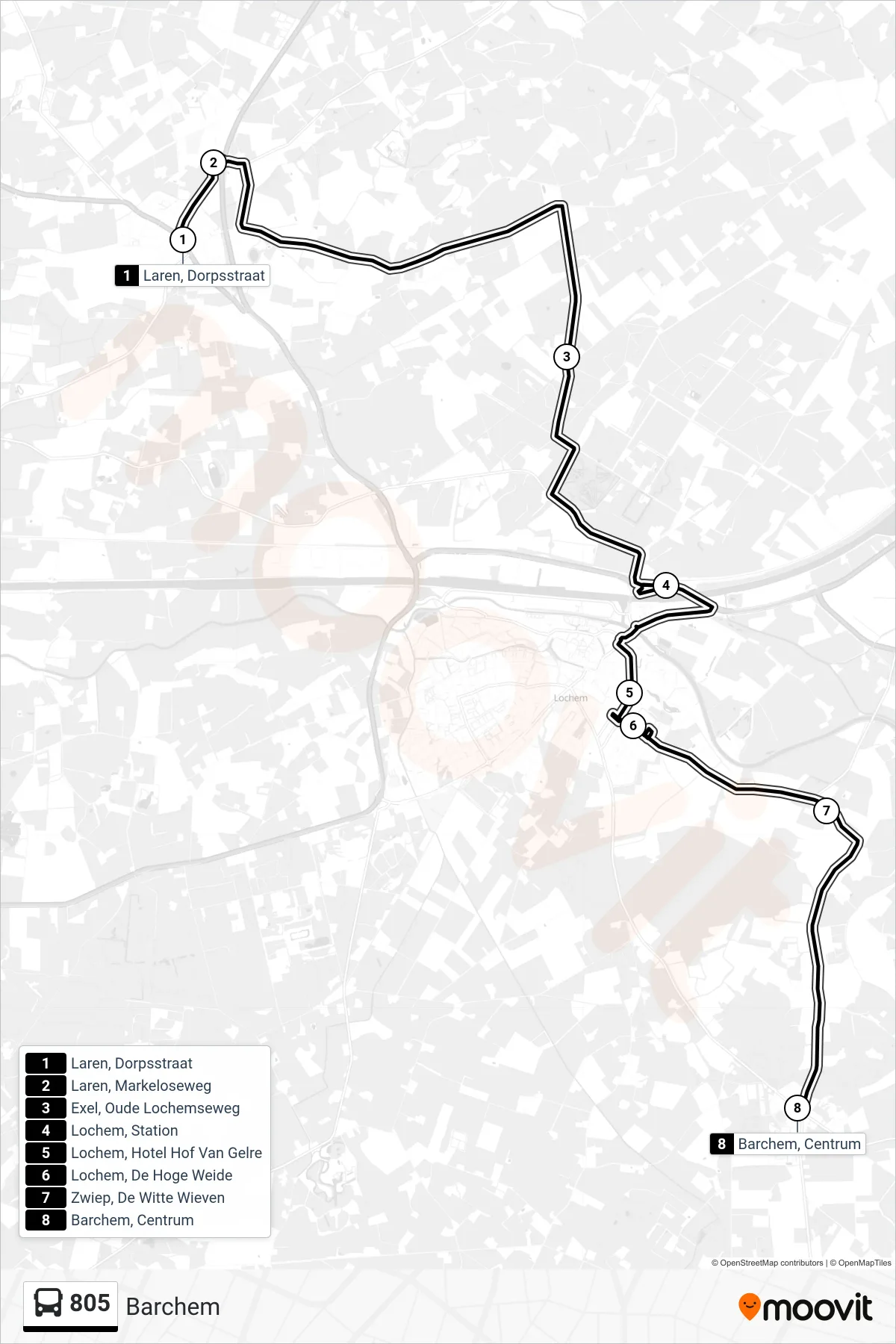Lijn 805 (bus, Barchem): route en haltes op de kaart
