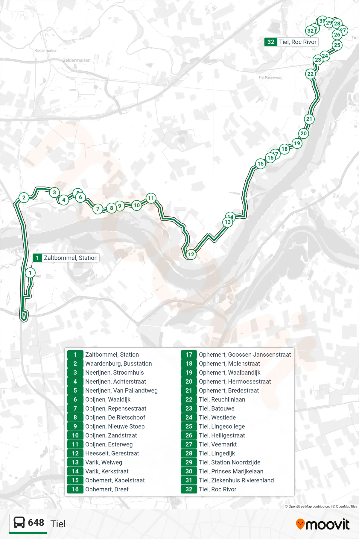 Lijn 648 (bus, Tiel): route en haltes op de kaart