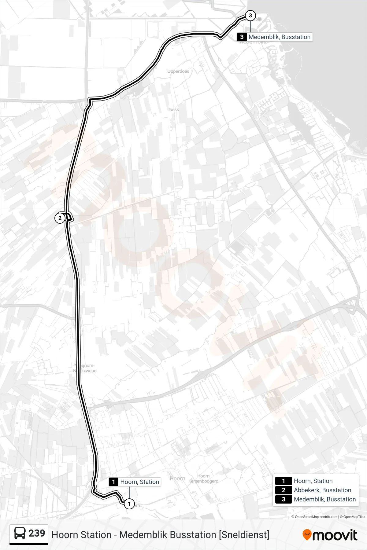 239 bus Line (Medemblik Busstation) route and stops on a map