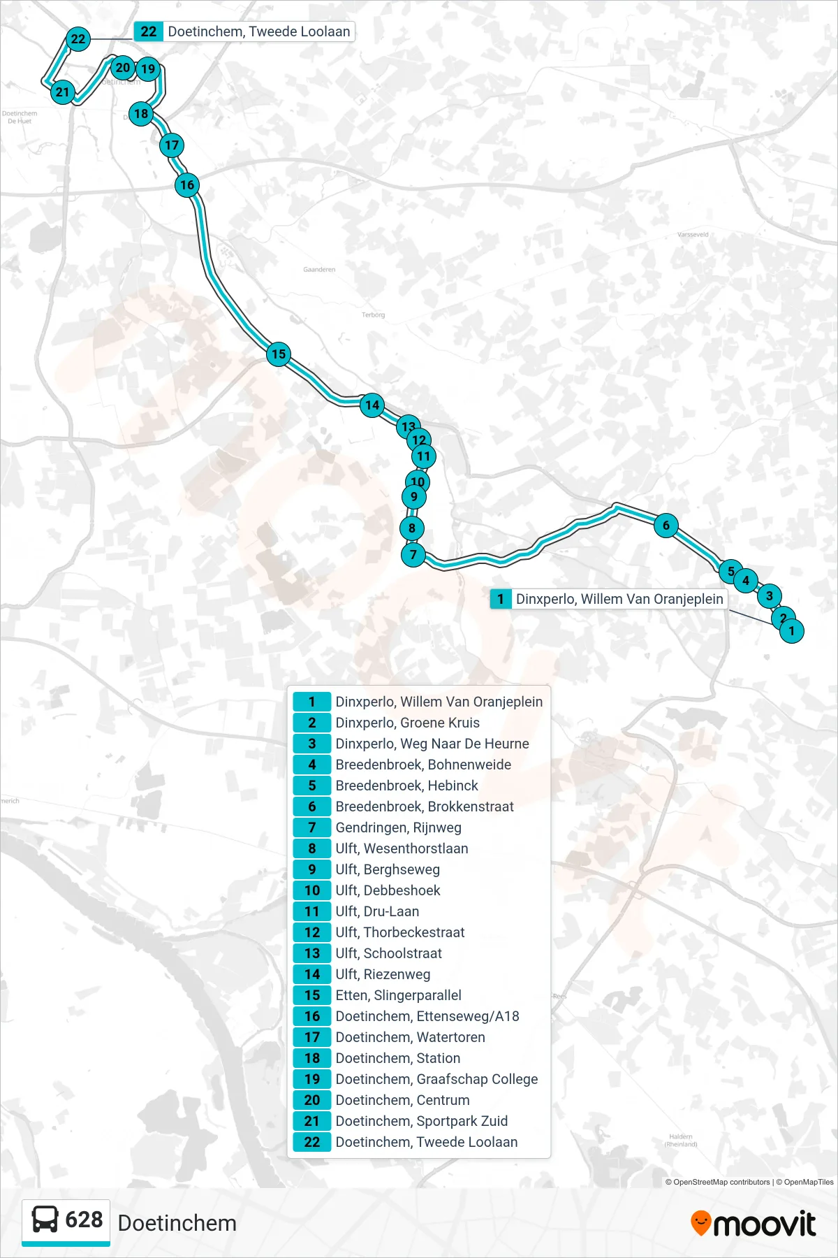 Lijn 628 (bus, Doetinchem): route en haltes op de kaart