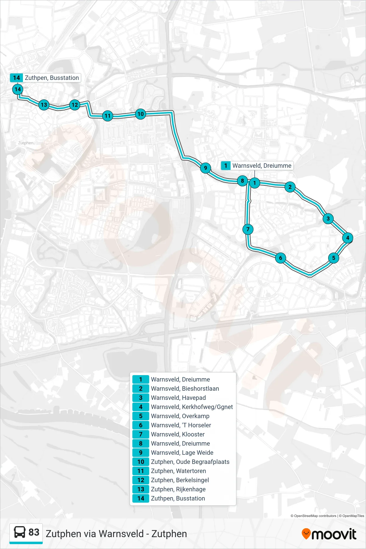 Lijn 83 (bus, Zutphen Station): route en haltes op de kaart