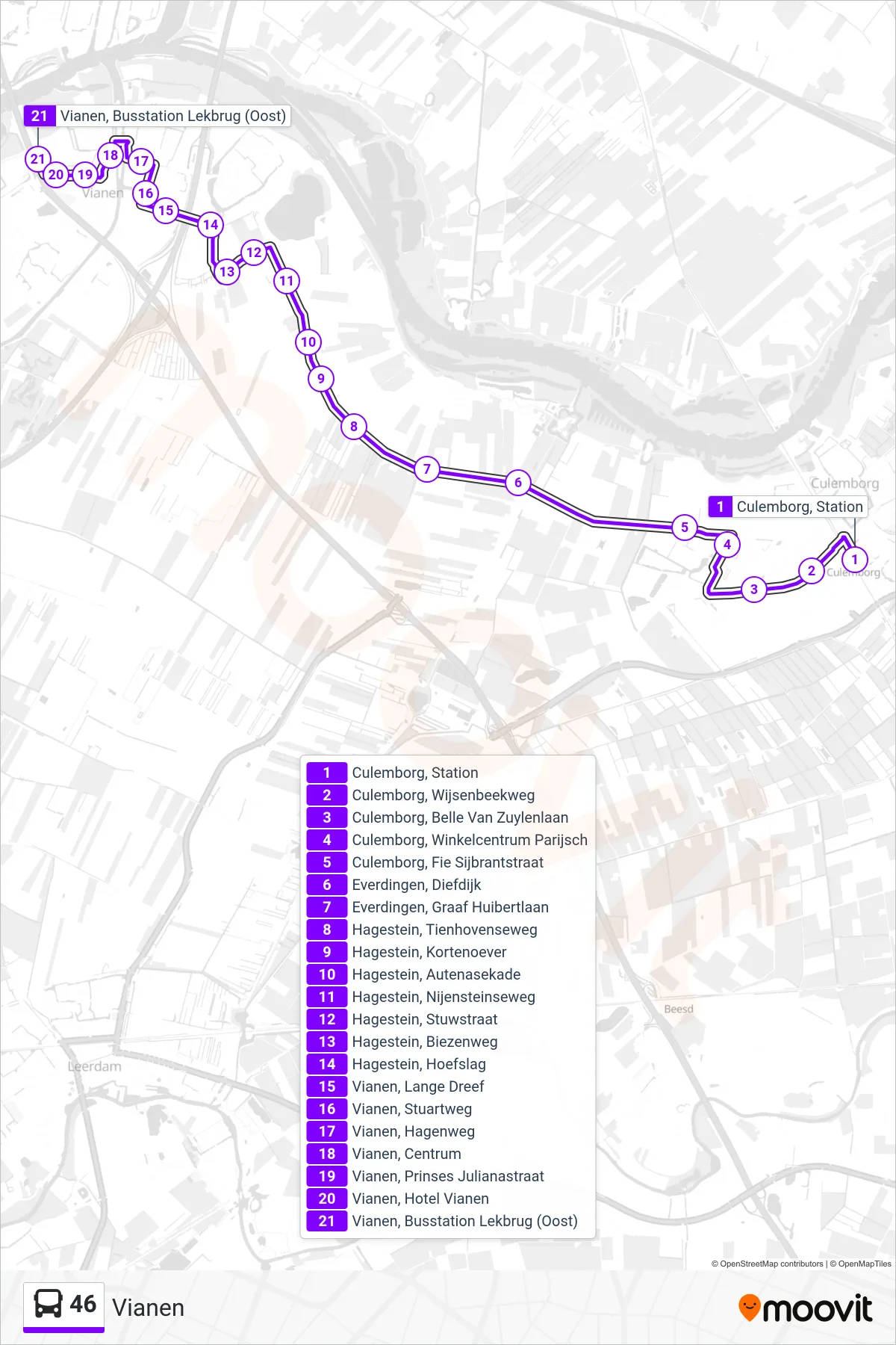 46 bus Line (Vianen) route and stops on a map
