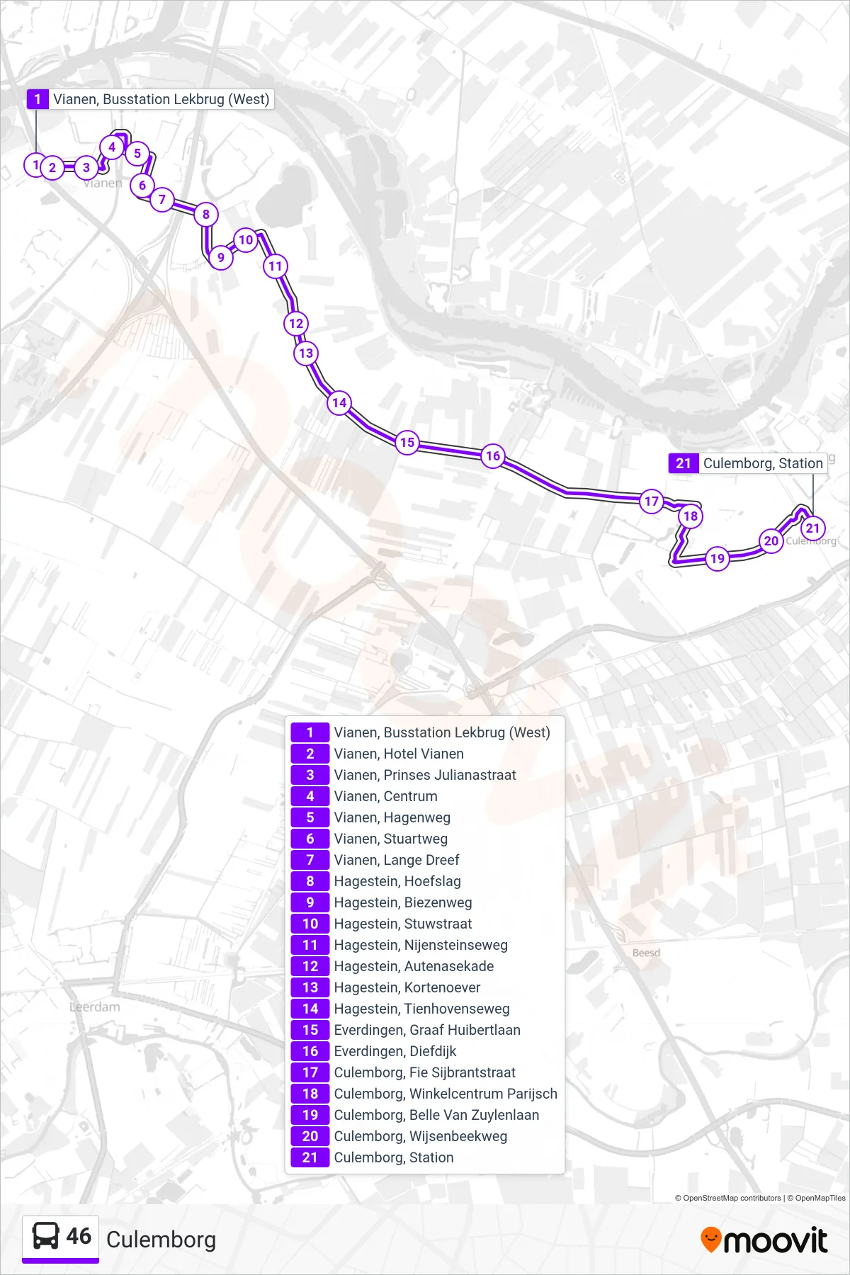 Lijn 46 (bus, Culemborg): route en haltes op de kaart