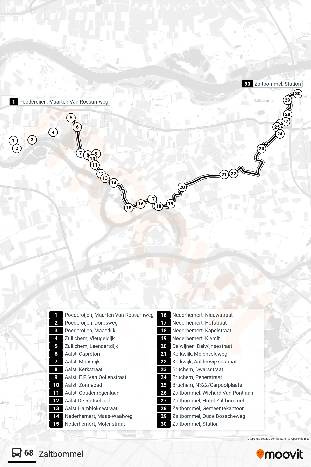 68 bus Line (Zaltbommel) route and stops on a map