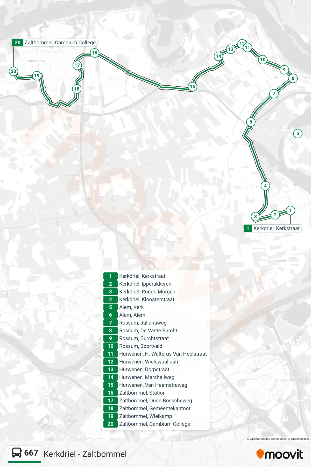 Lijn 667 (bus, Zaltbommel): route en haltes op de kaart