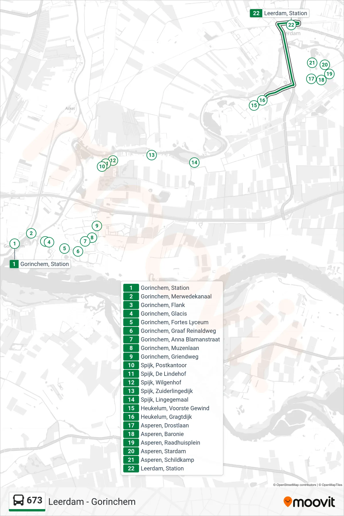 673 bus Line (Leerdam) route and stops on a map