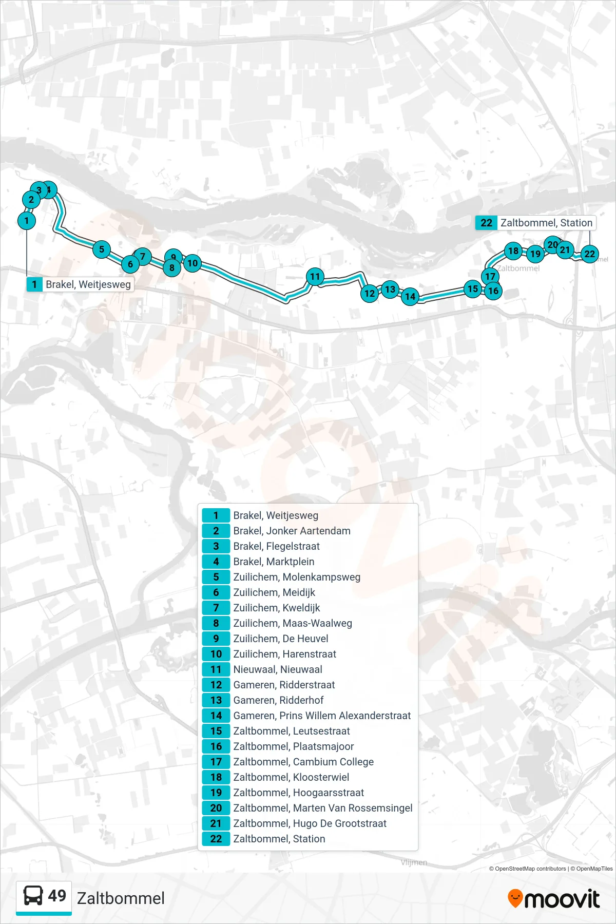 Lijn 49 (bus, Zaltbommel): route en haltes op de kaart