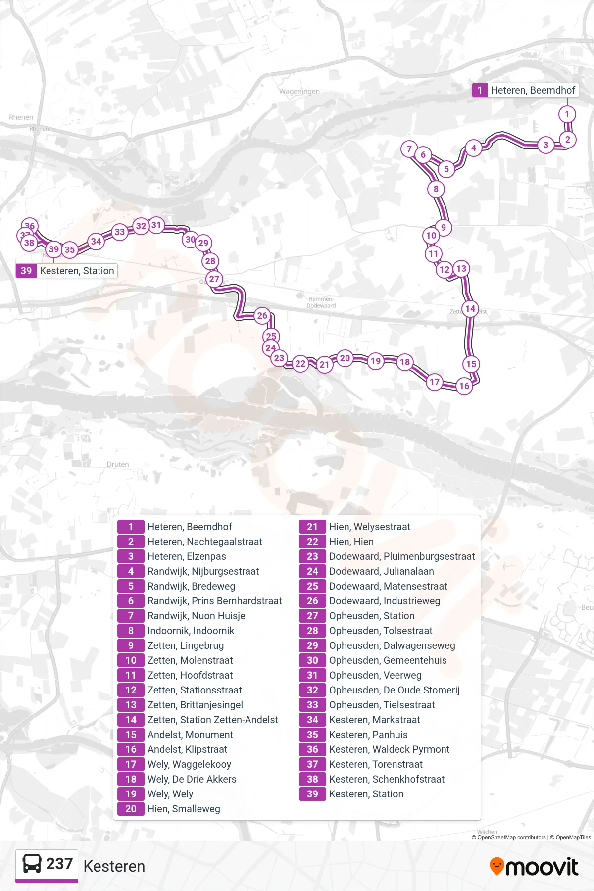 237 bus Line (Kesteren) route and stops on a map