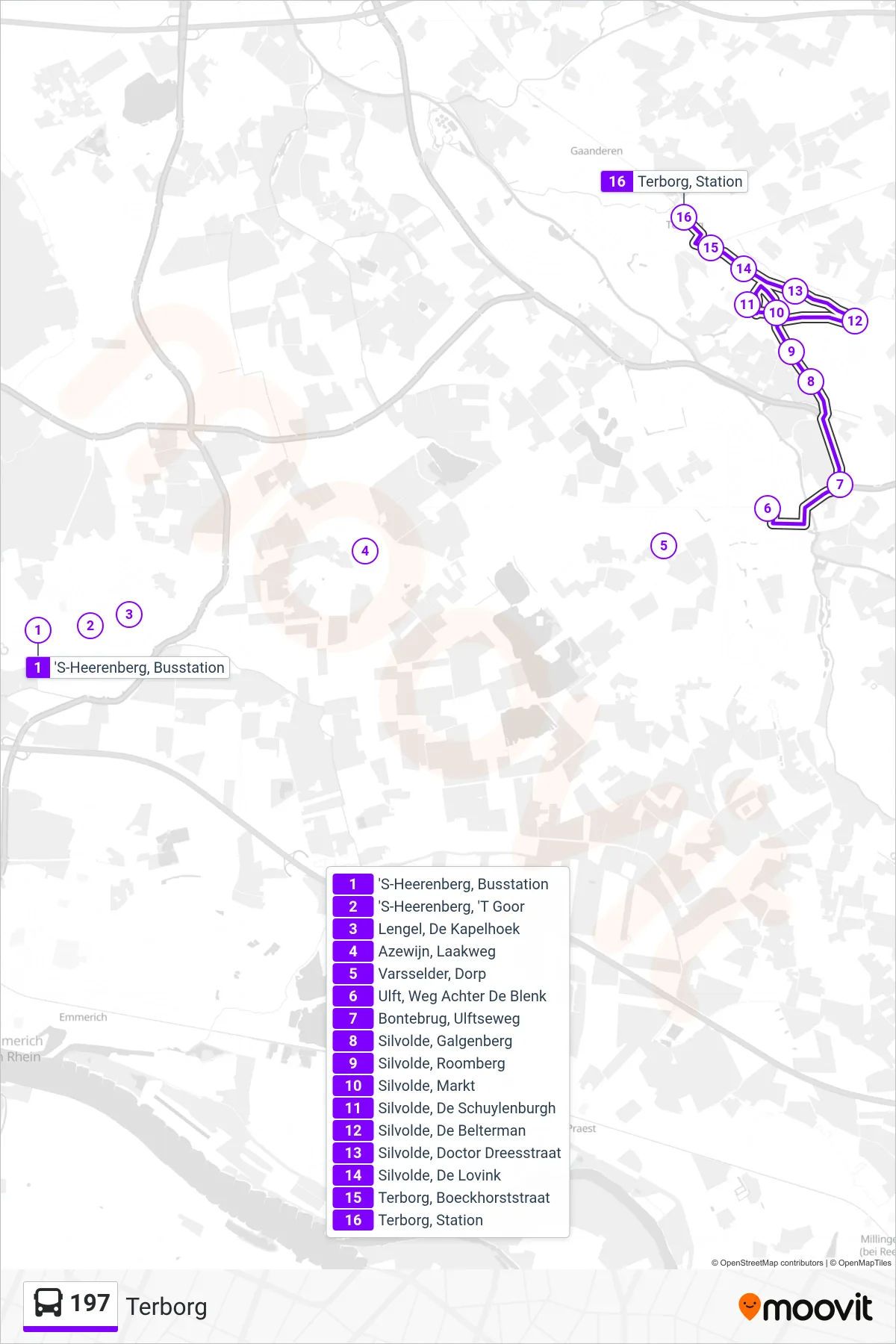 197 bus Line (Terborg) route and stops on a map