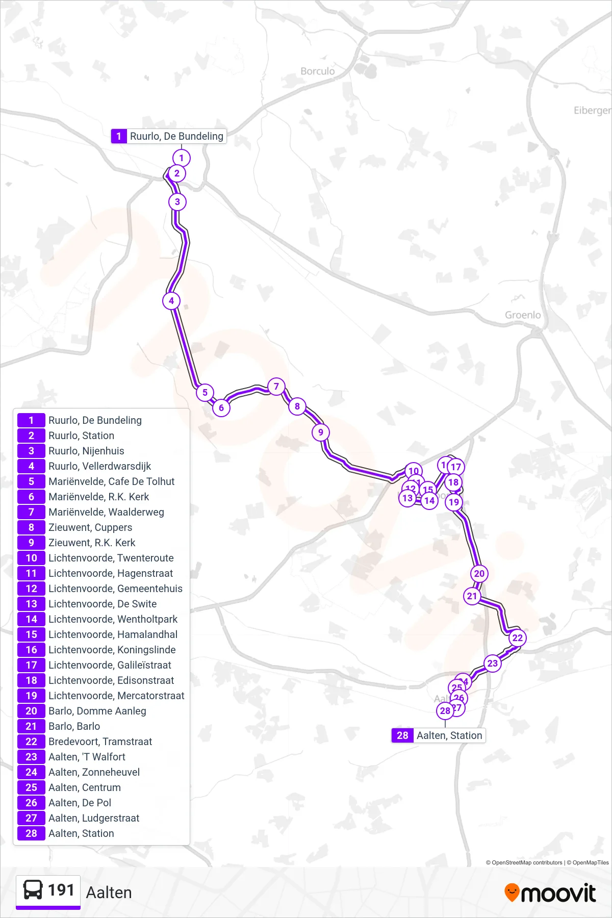 Lijn 191 (bus, Aalten): route en haltes op de kaart