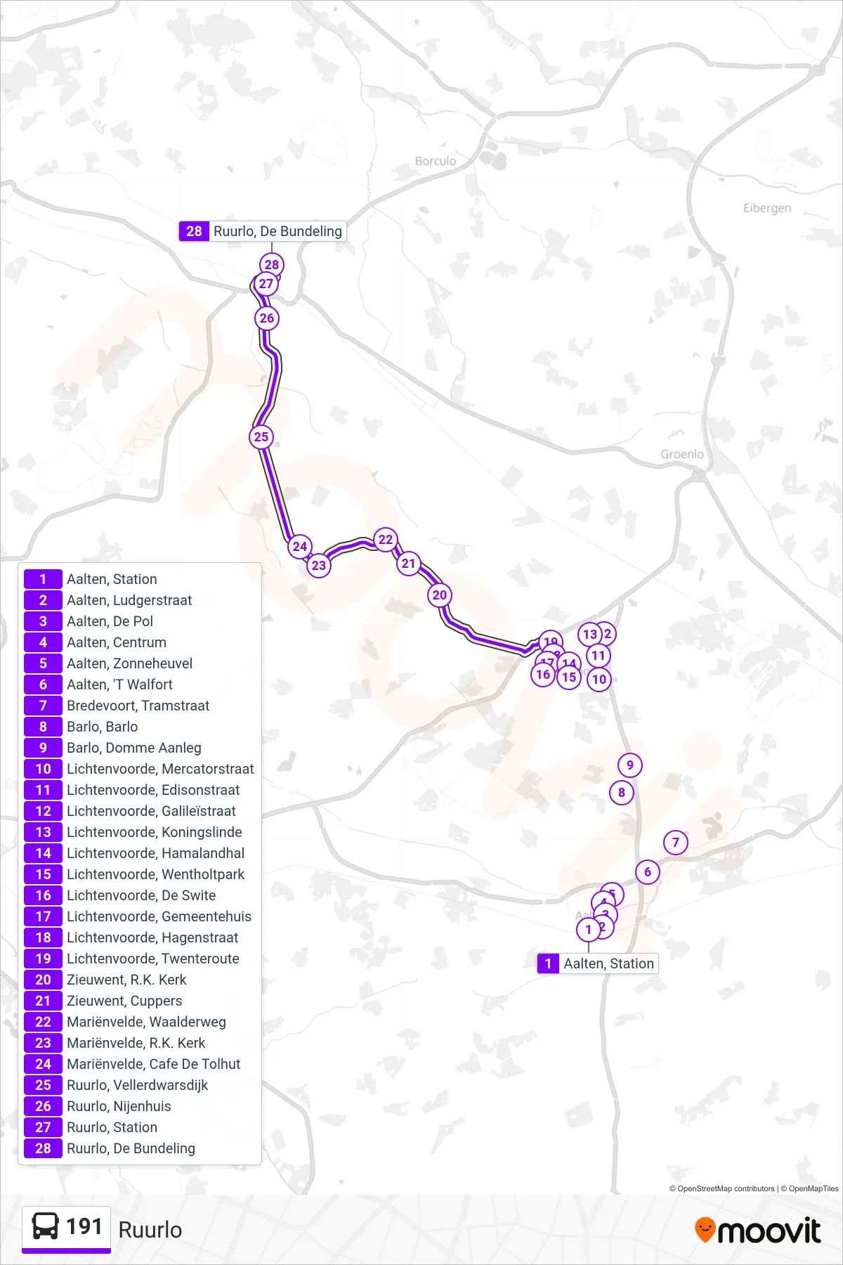 Lijn 191 (bus, Ruurlo): route en haltes op de kaart