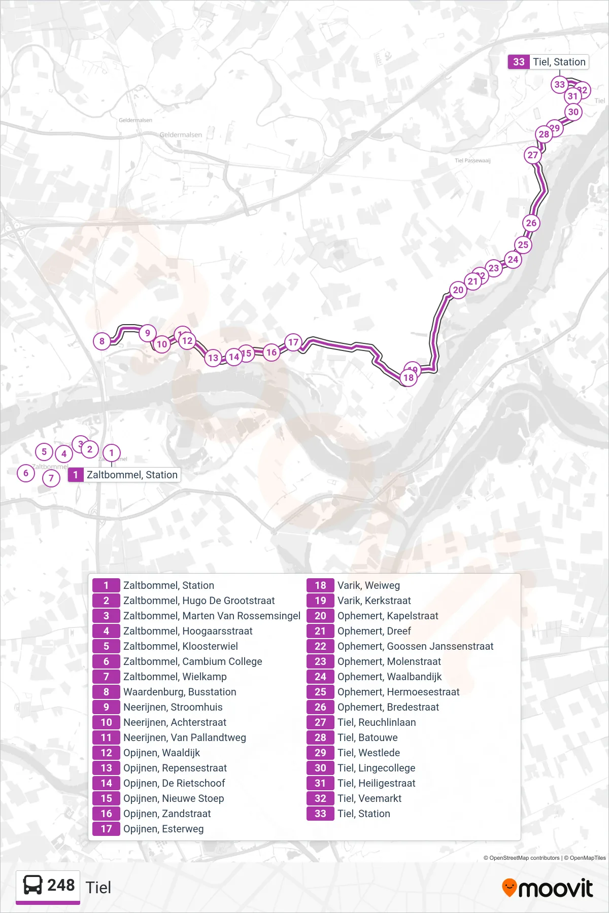 248 bus Line (Tiel) route and stops on a map