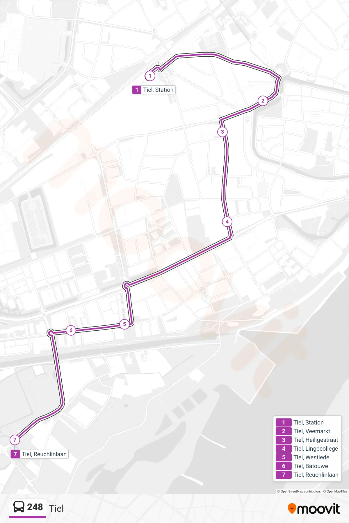 248 bus Line (Tiel) route and stops on a map