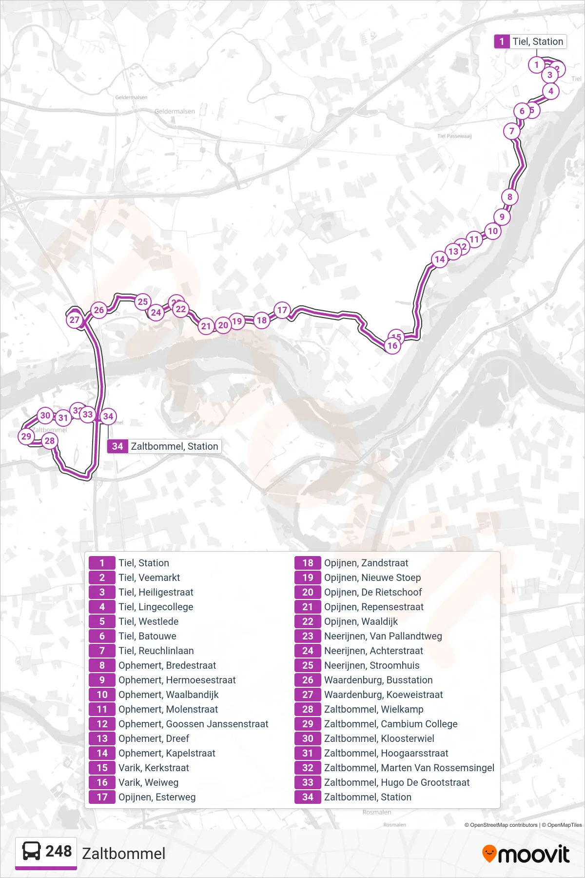248 bus Line (Zaltbommel) route and stops on a map