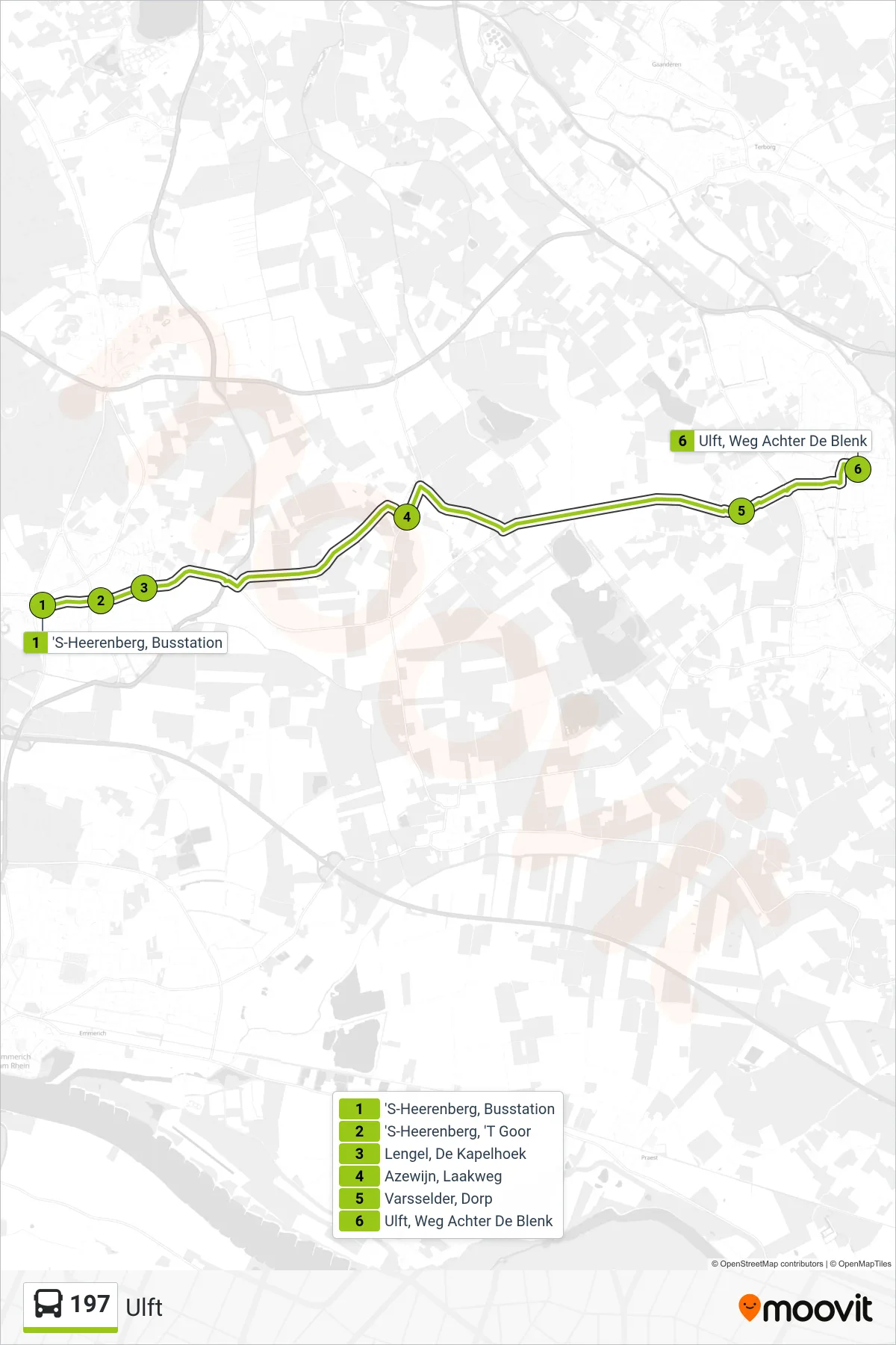 Lijn 197 (bus, Ulft): route en haltes op de kaart