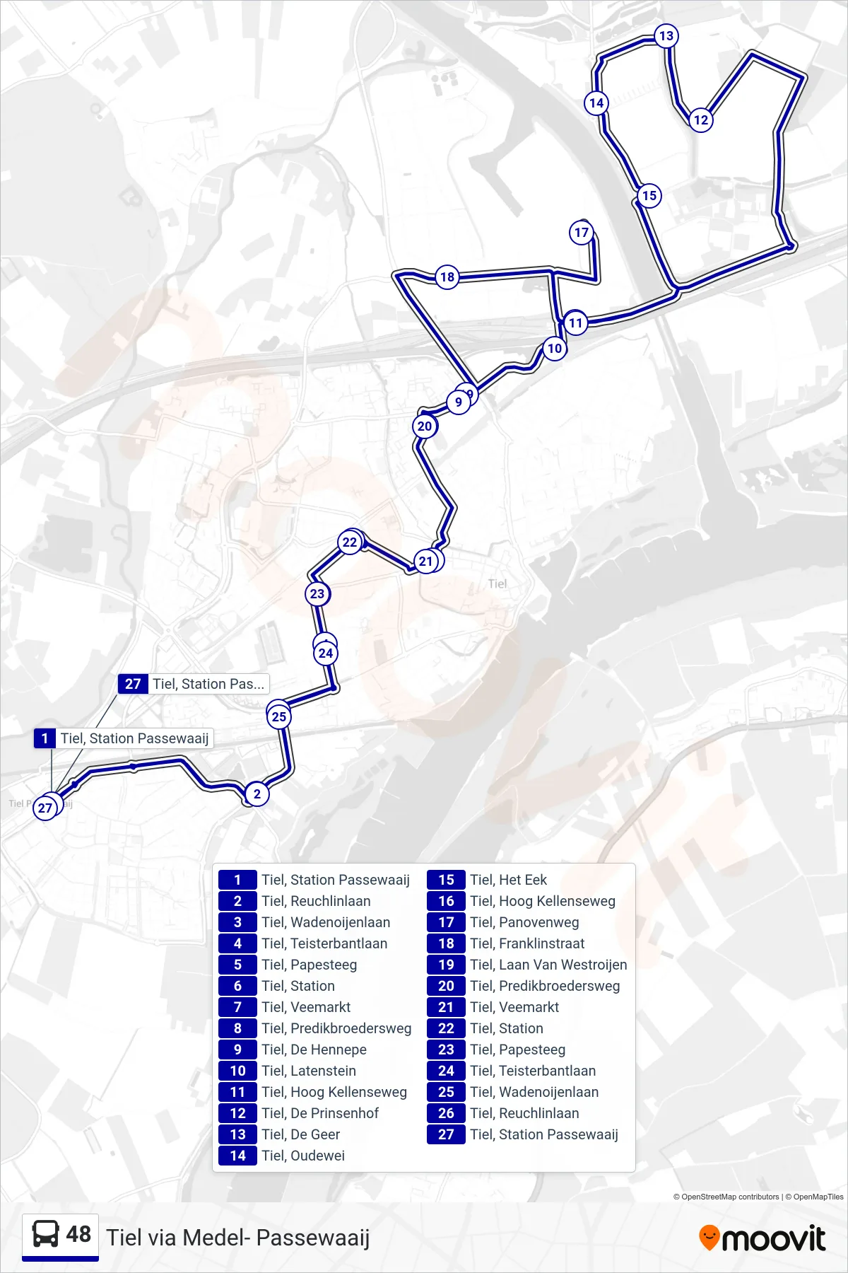 Lijn 48 (bus, Tiel Passewaaij): route en haltes op de kaart