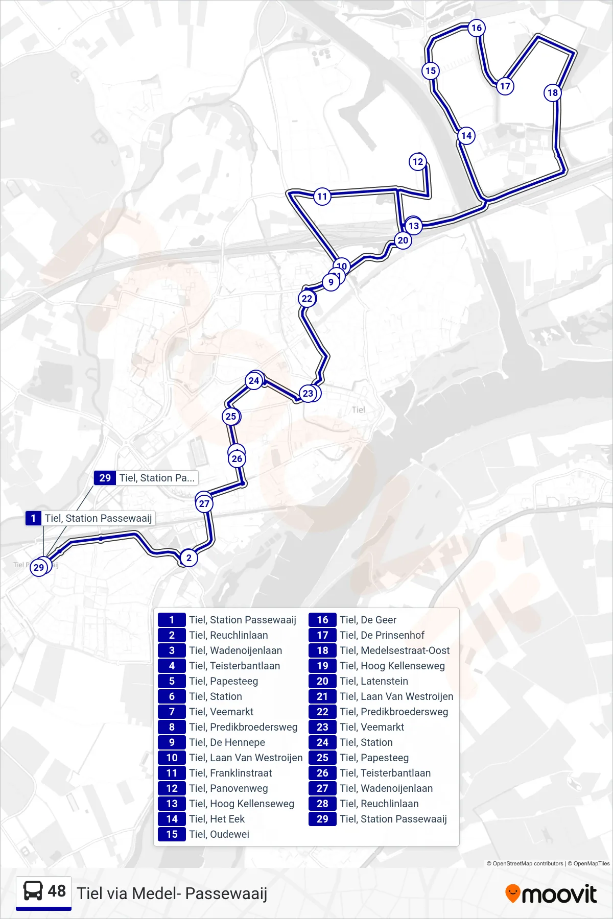 48 bus Line (Tiel Passewaaij) route and stops on a map