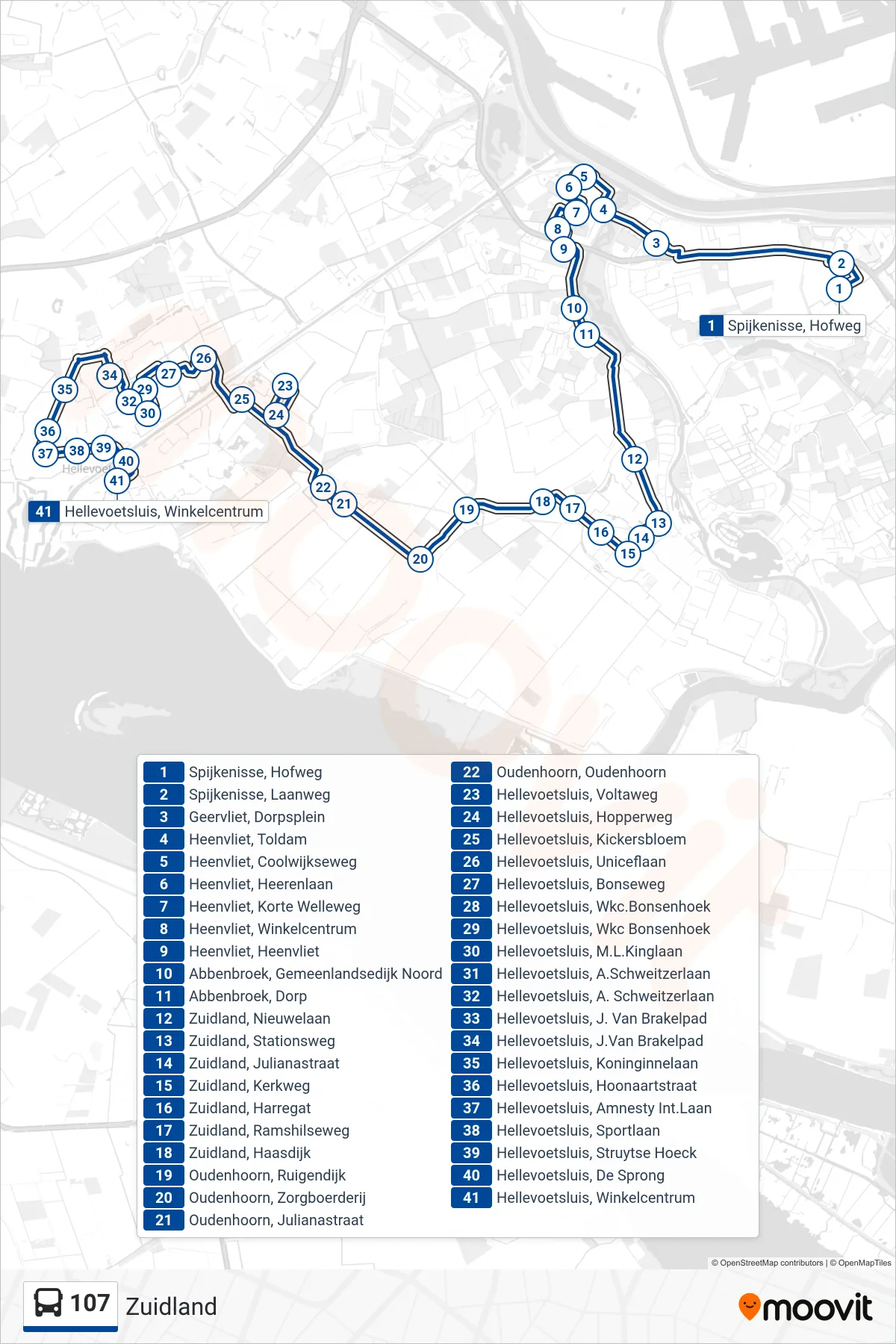Lijn 107 (bus, Zuidland): route en haltes op de kaart