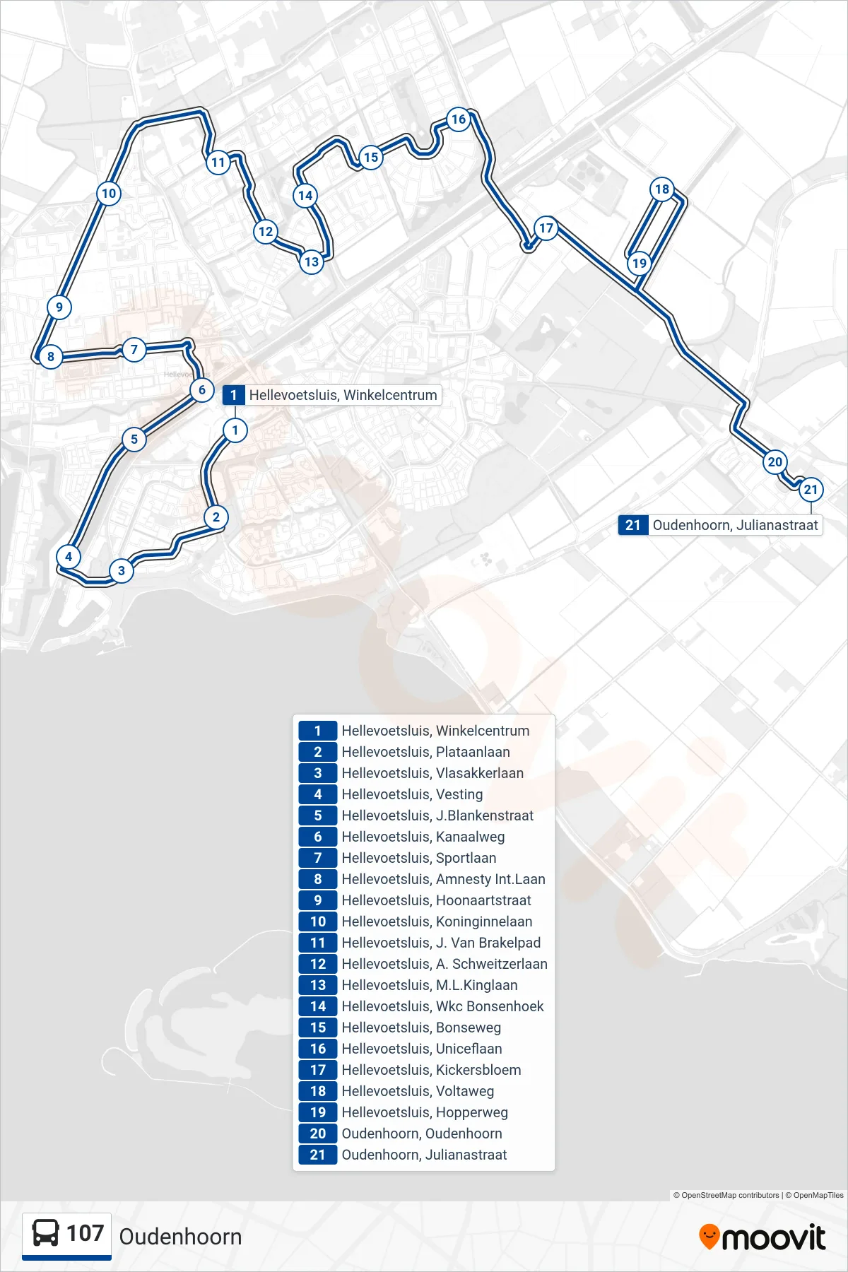 Lijn 107 (bus, Oudenhoorn): route en haltes op de kaart