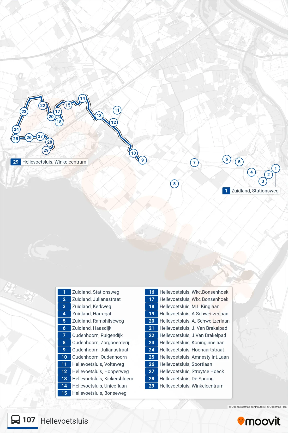 107 bus Line (Hellevoetsluis) route and stops on a map