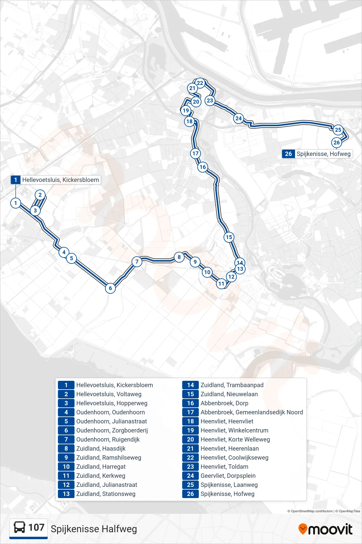 Lijn 107 (bus, Spijkenisse Halfweg): route en haltes op de kaart