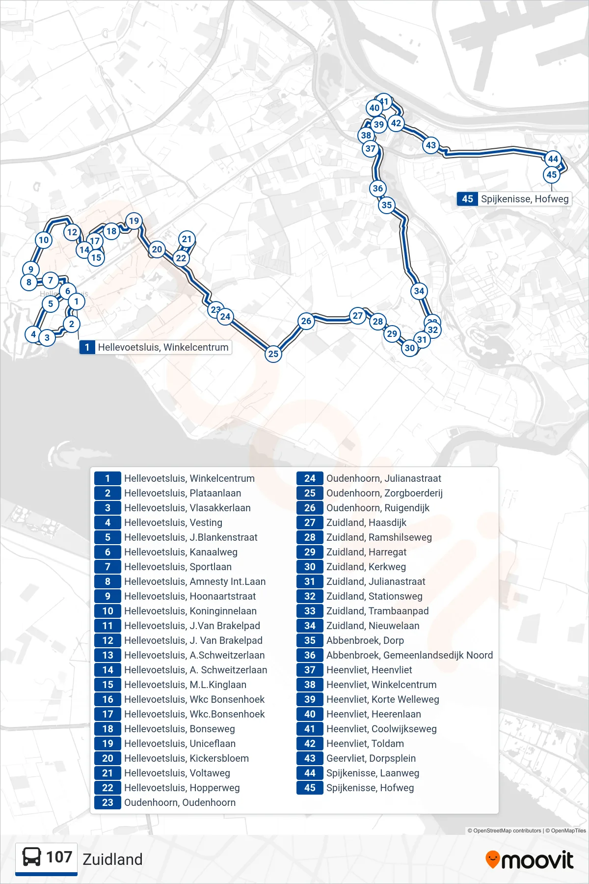 Lijn 107 (bus, Zuidland): route en haltes op de kaart