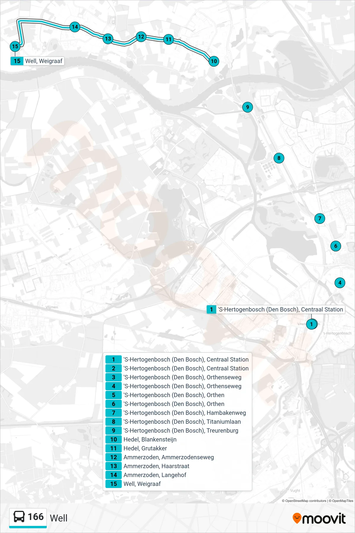 166 bus Line (Well) route and stops on a map