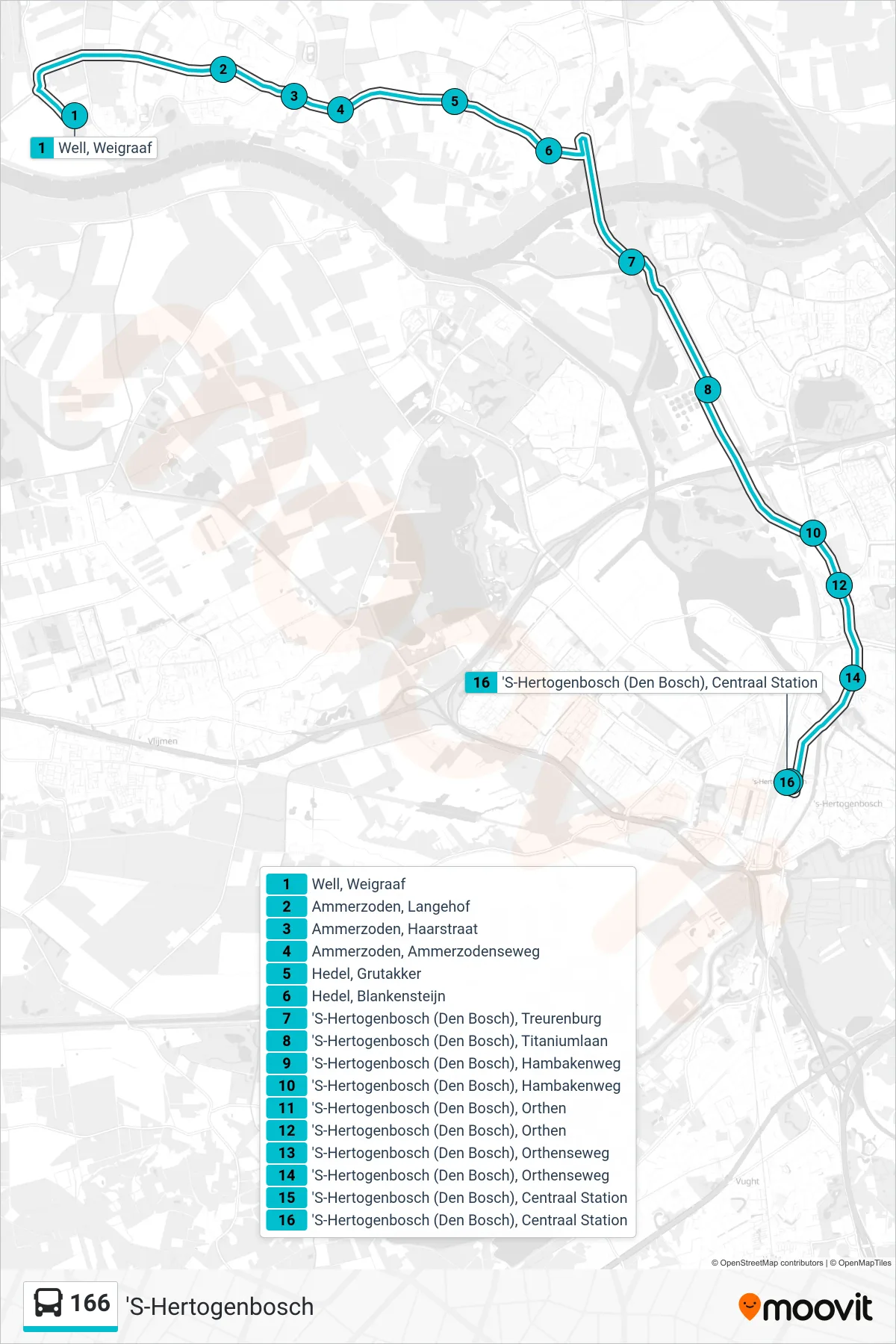 Lijn 166 (bus, 'S-Hertogenbosch): route en haltes op de kaart
