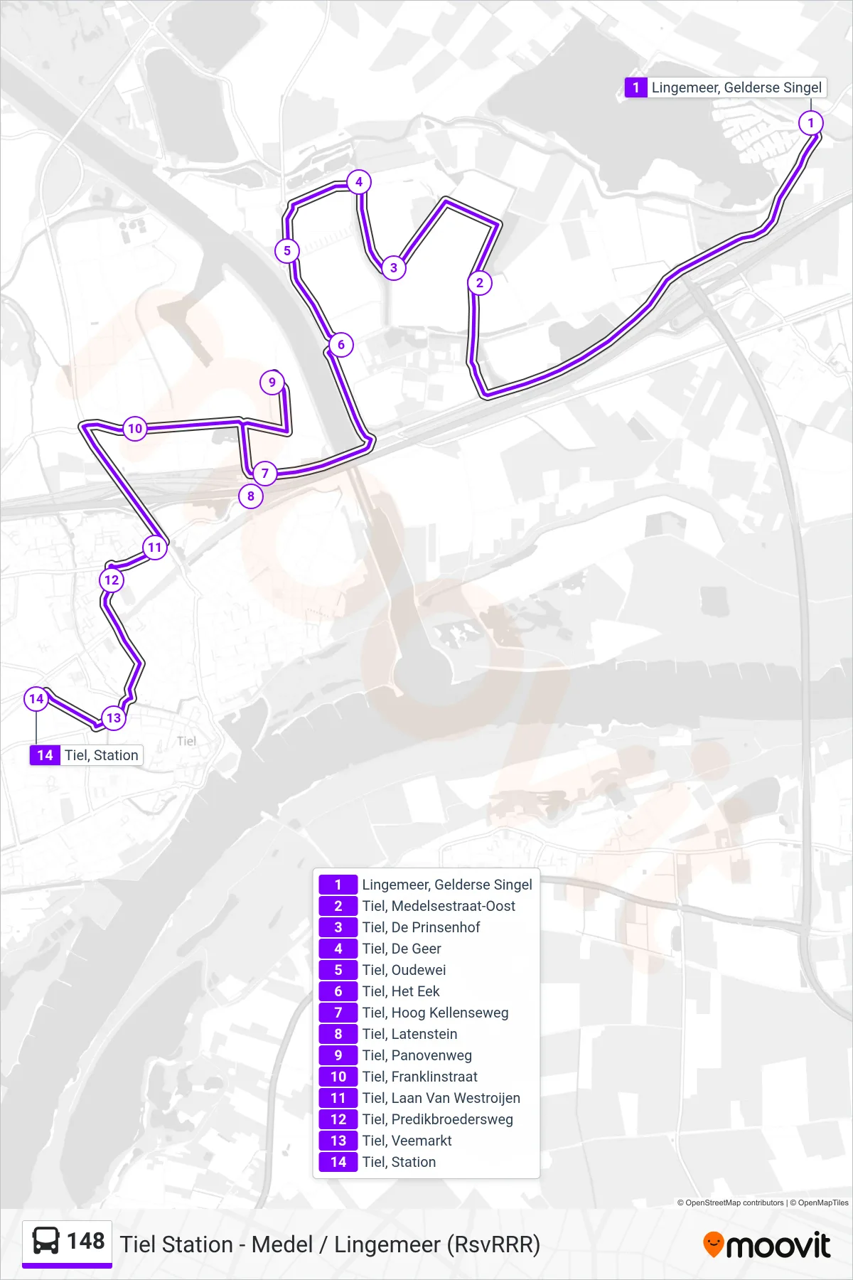 148 bus Line (Tiel) route and stops on a map