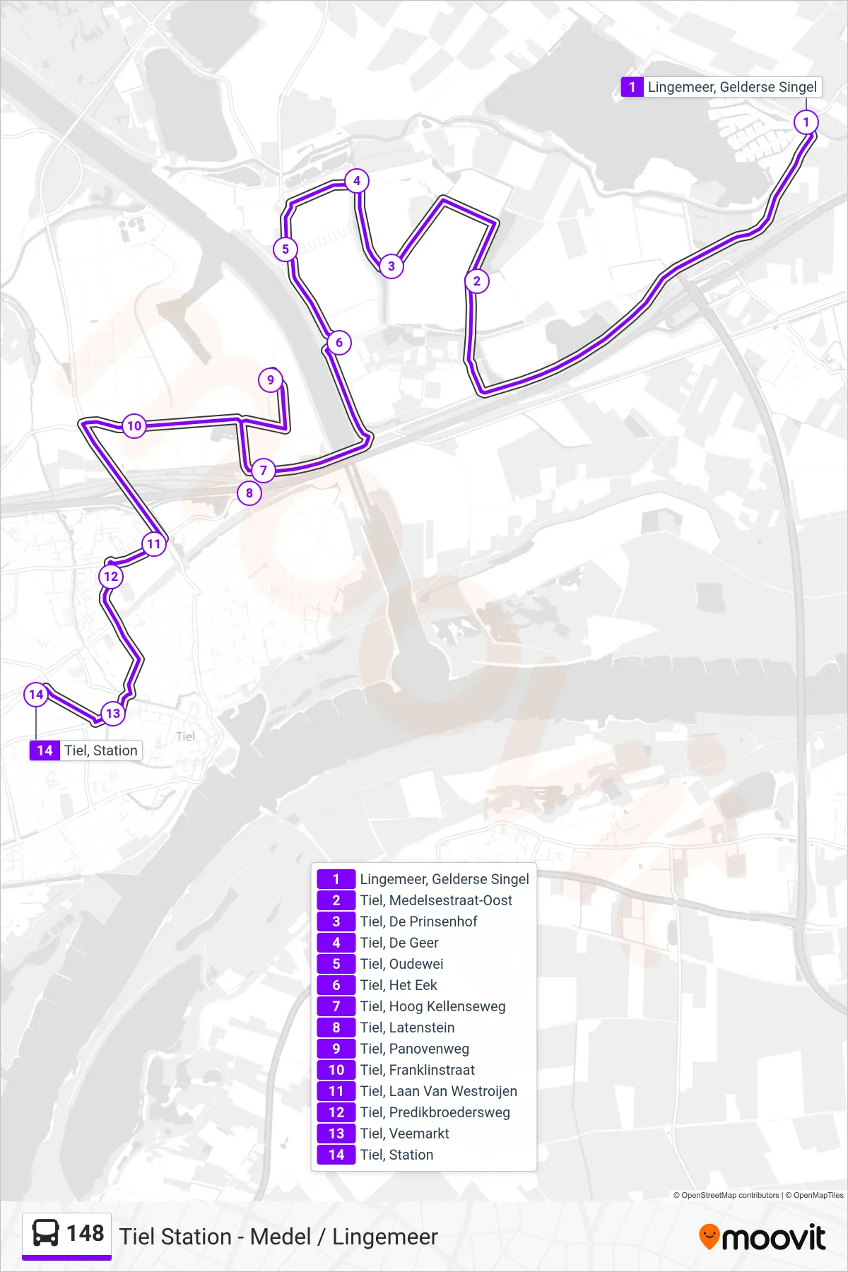 Lijn 148 (bus, Tiel): route en haltes op de kaart