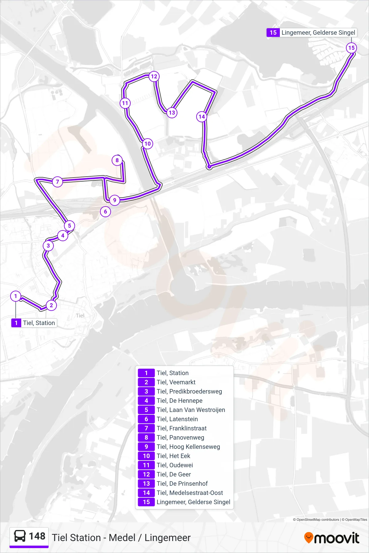 Lijn 148 (bus, Lingemeer): route en haltes op de kaart
