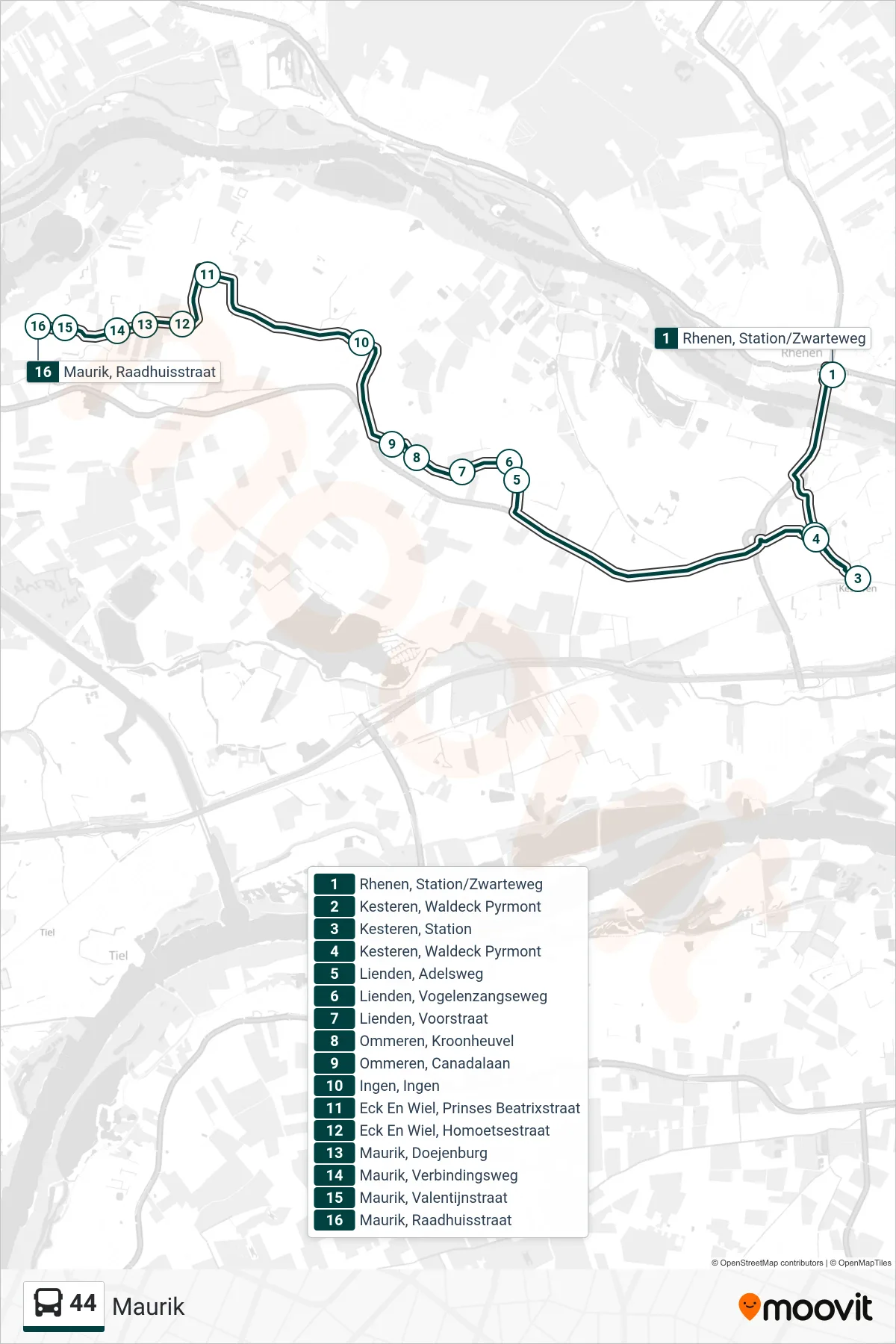 Lijn 44 (bus, Maurik): route en haltes op de kaart