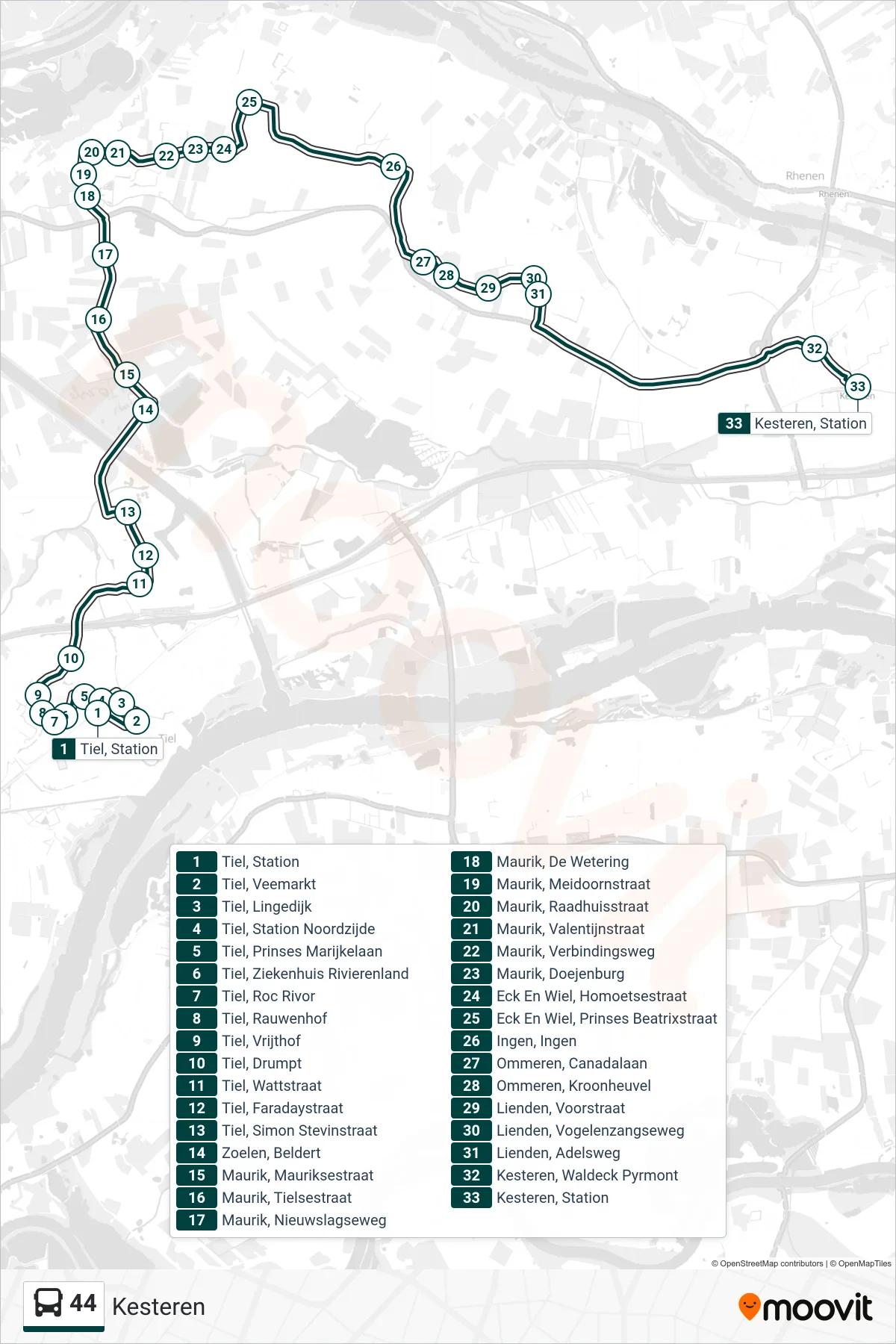 44 bus Line (Kesteren) route and stops on a map