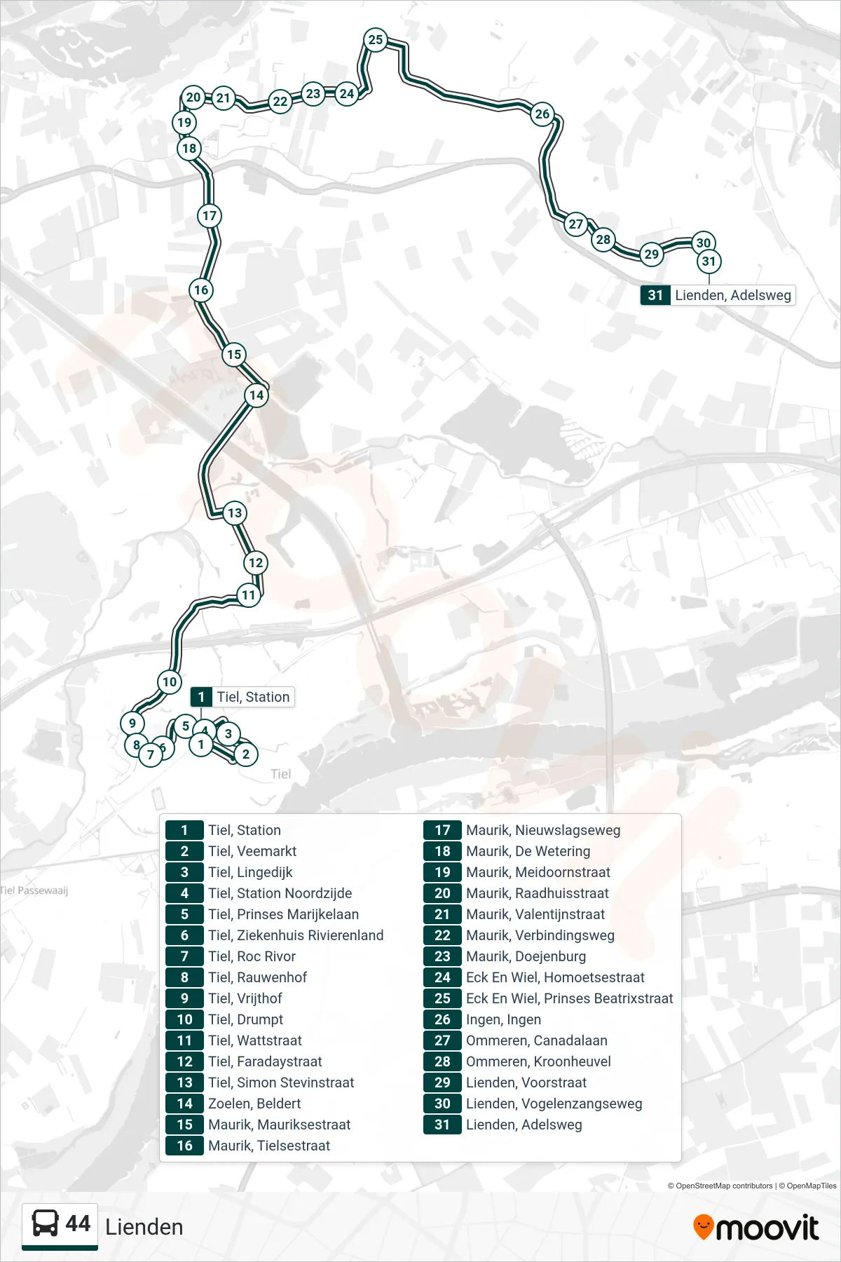44 bus Line (Lienden) route and stops on a map