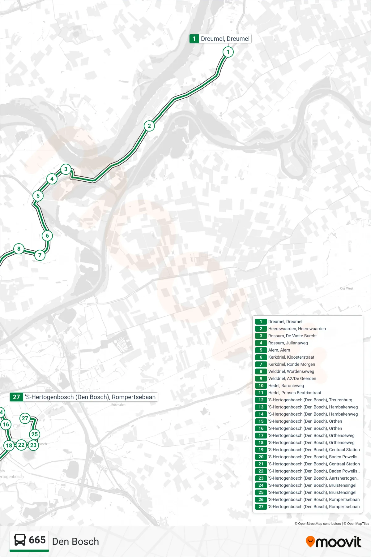 Lijn 665 (bus, Den Bosch): route en haltes op de kaart
