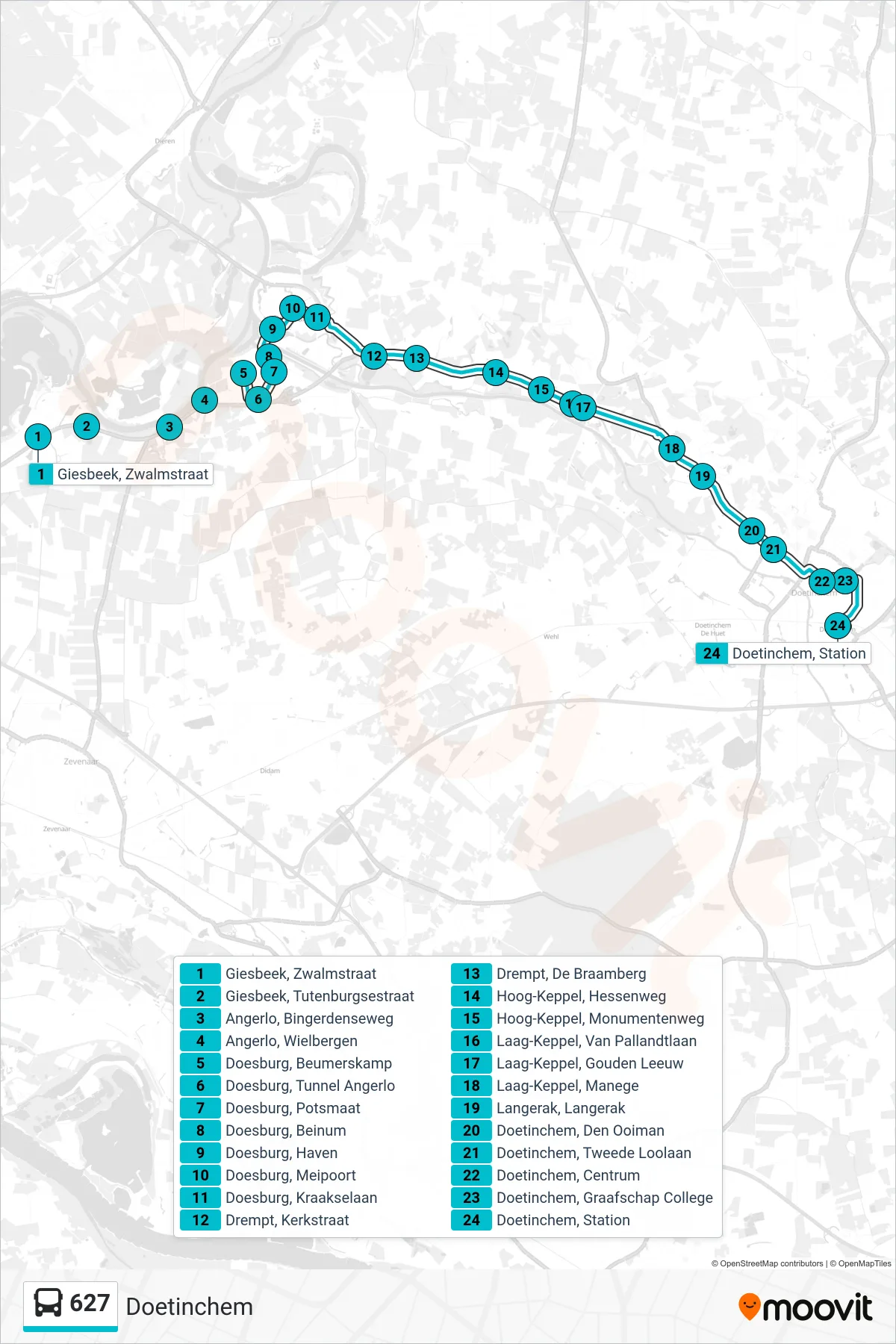 Lijn 627 (bus, Doetinchem): route en haltes op de kaart