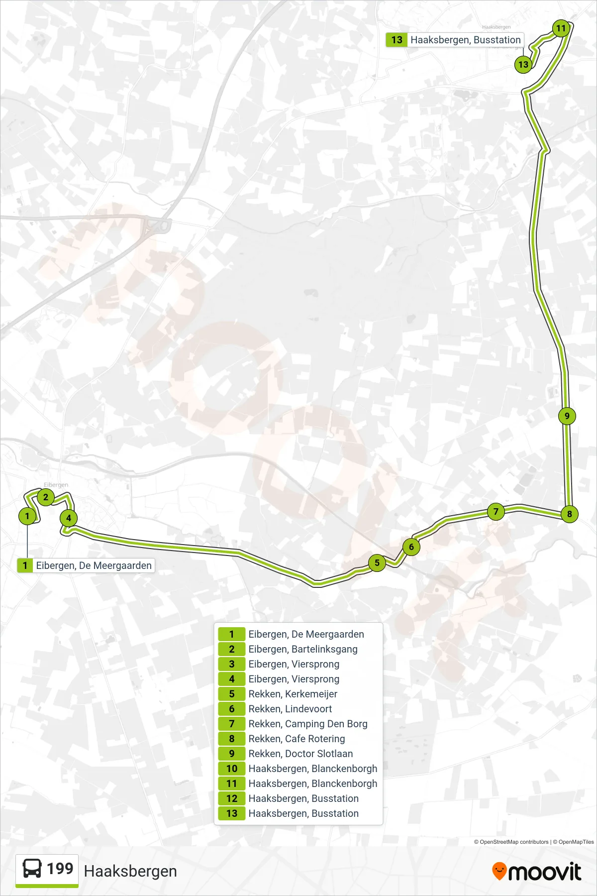 Lijn 199 (bus, Haaksbergen): route en haltes op de kaart