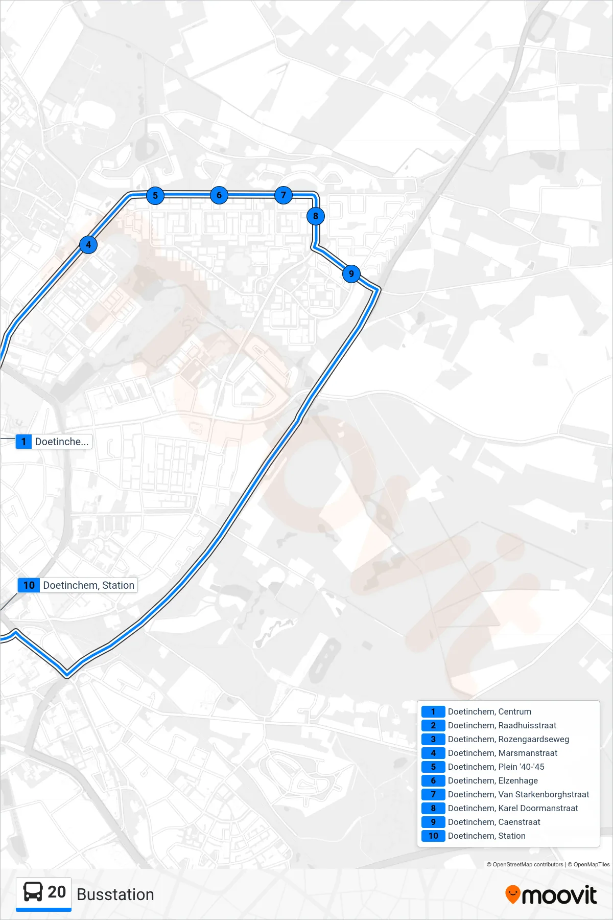 20 bus Line (Busstation) route and stops on a map