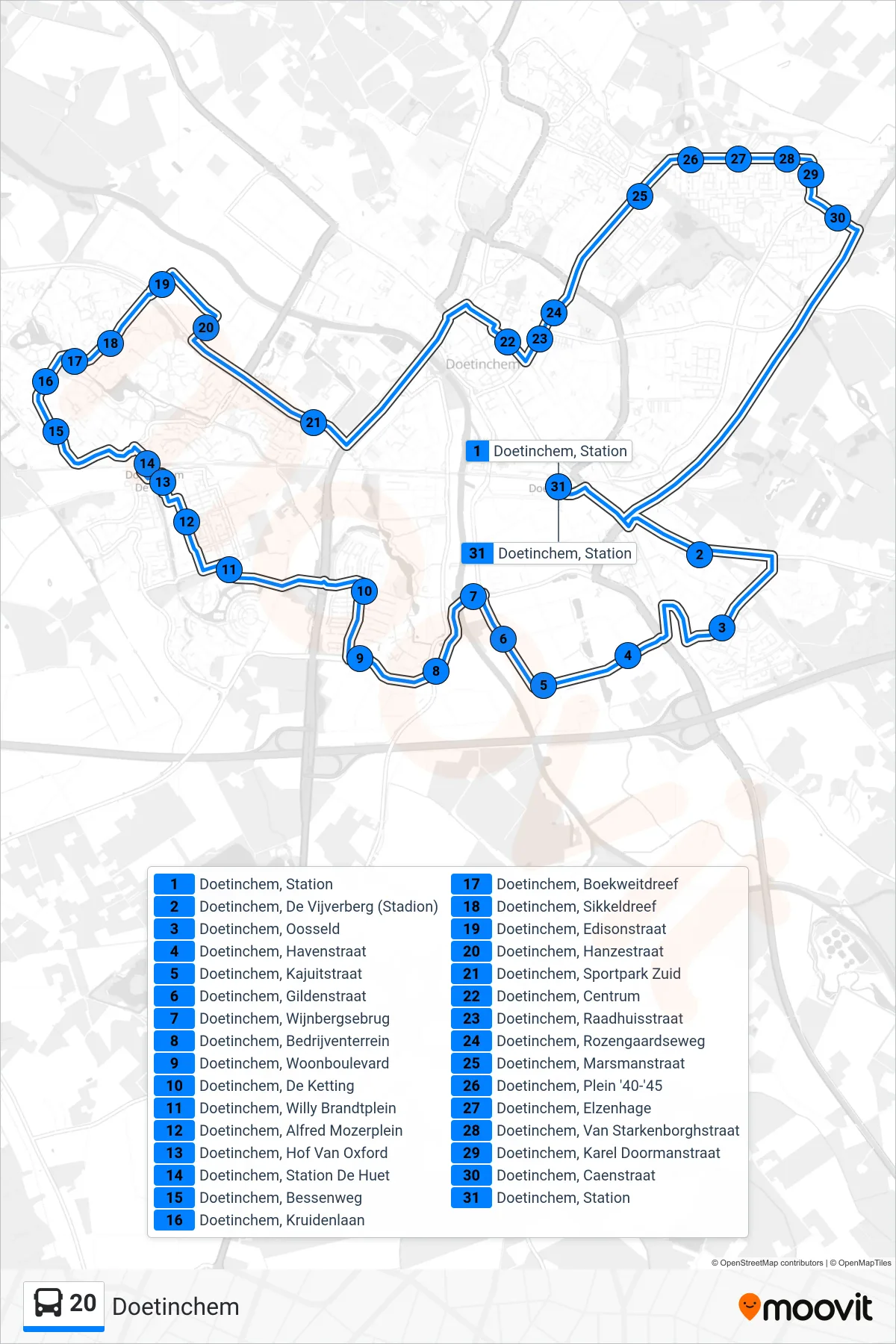 20 bus Line (Doetinchem) route and stops on a map