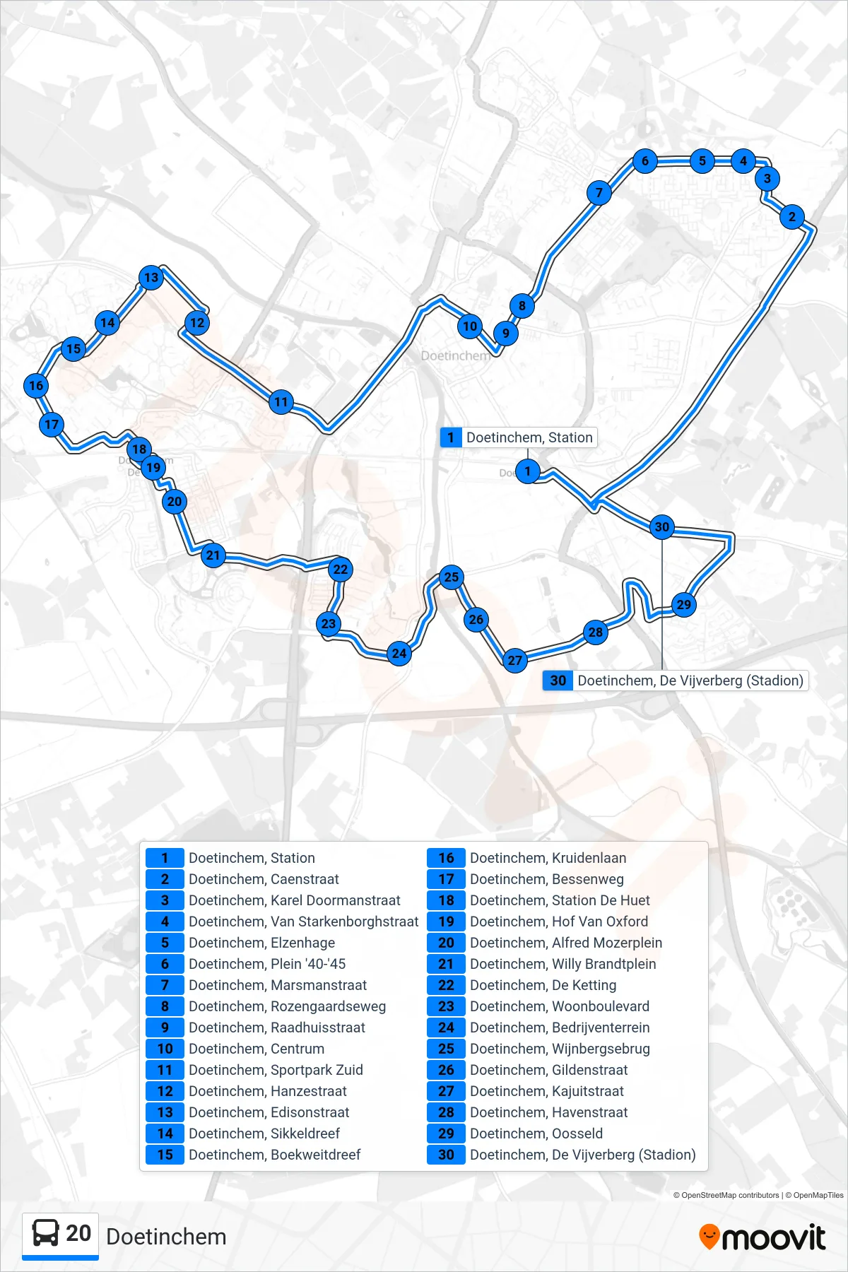 Lijn 20 (bus, Doetinchem): route en haltes op de kaart