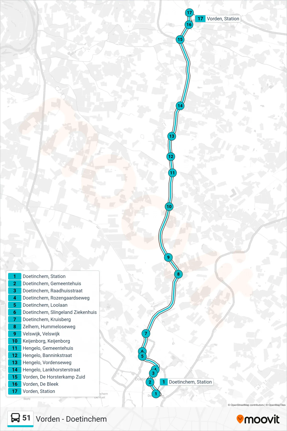 51 bus Line (Vorden) route and stops on a map