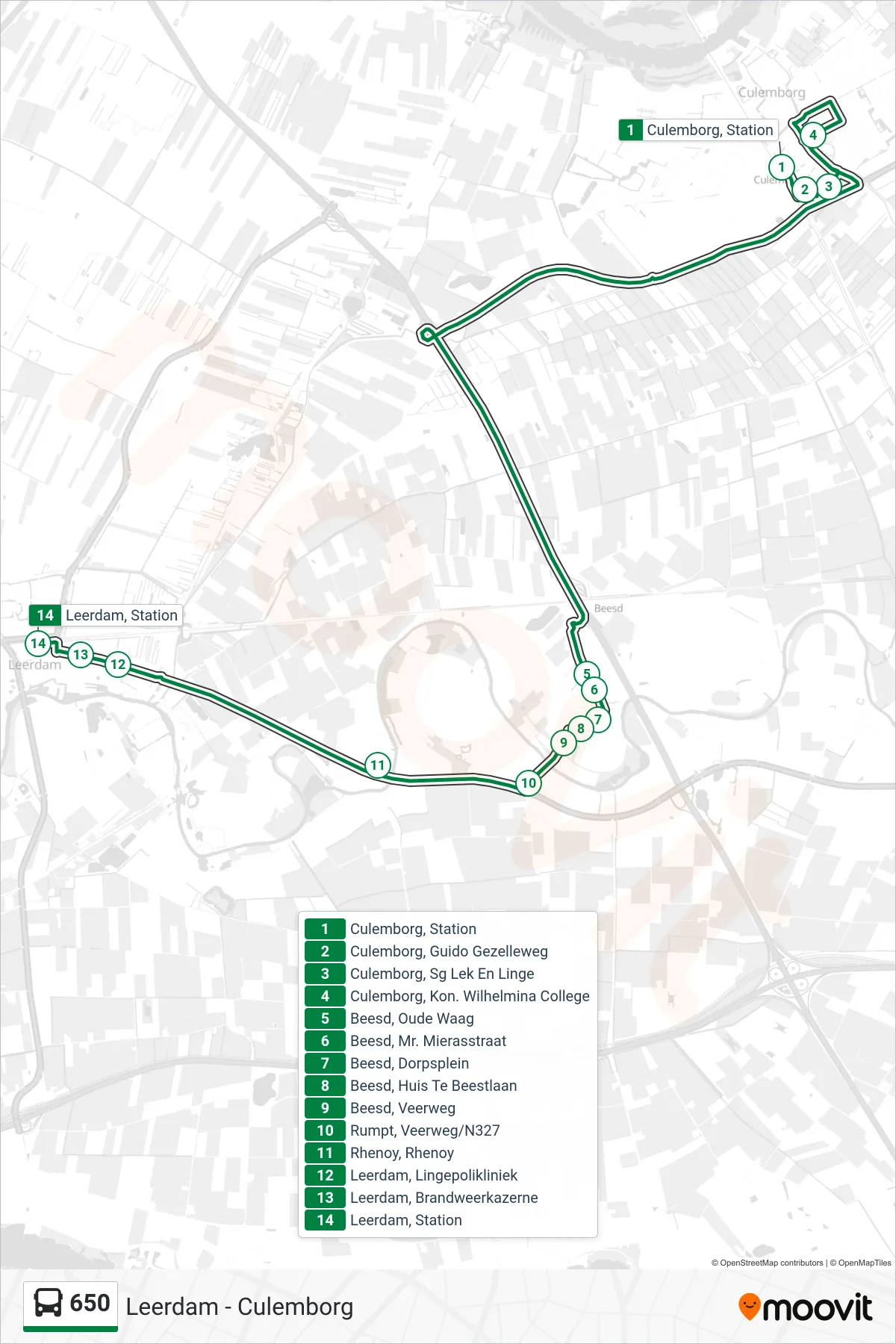 650 bus Line (Leerdam) route and stops on a map