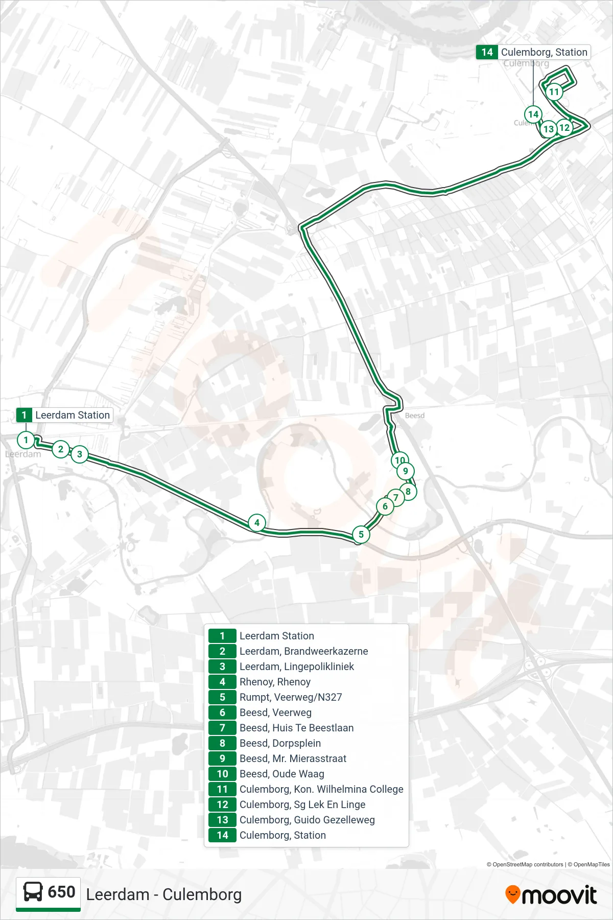 Lijn 650 (bus, Culemborg): route en haltes op de kaart