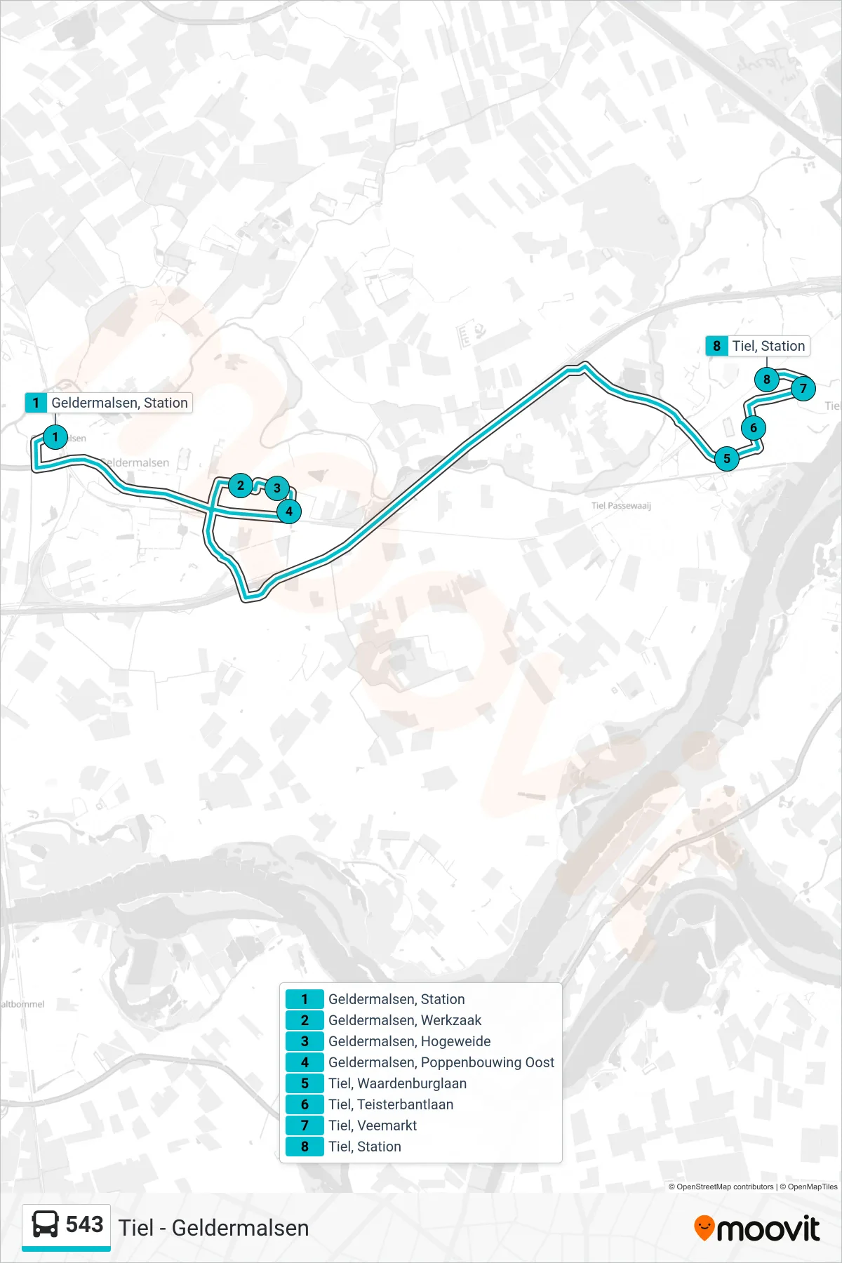 Lijn 543 (bus, Tiel): route en haltes op de kaart