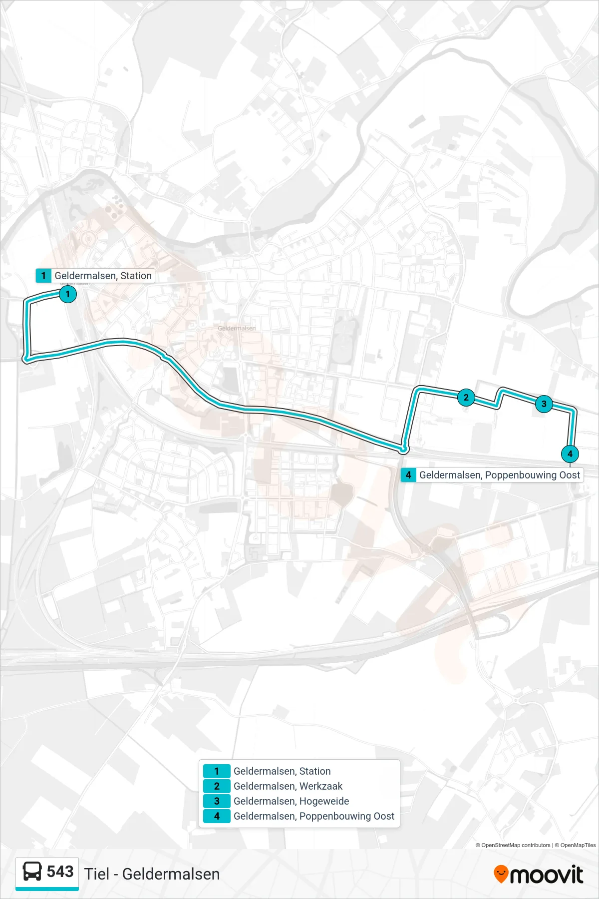 Lijn 543 (bus, Geldermalsen): route en haltes op de kaart