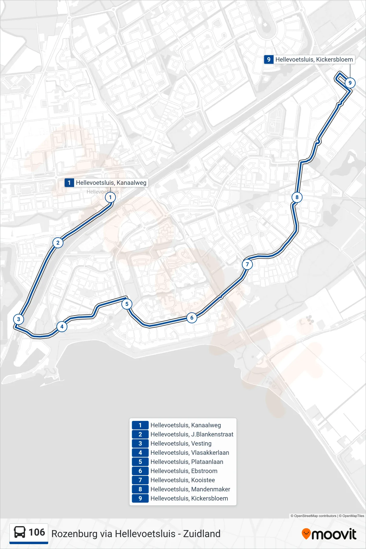 Lijn 106 (bus, Kickersbloem): route en haltes op de kaart