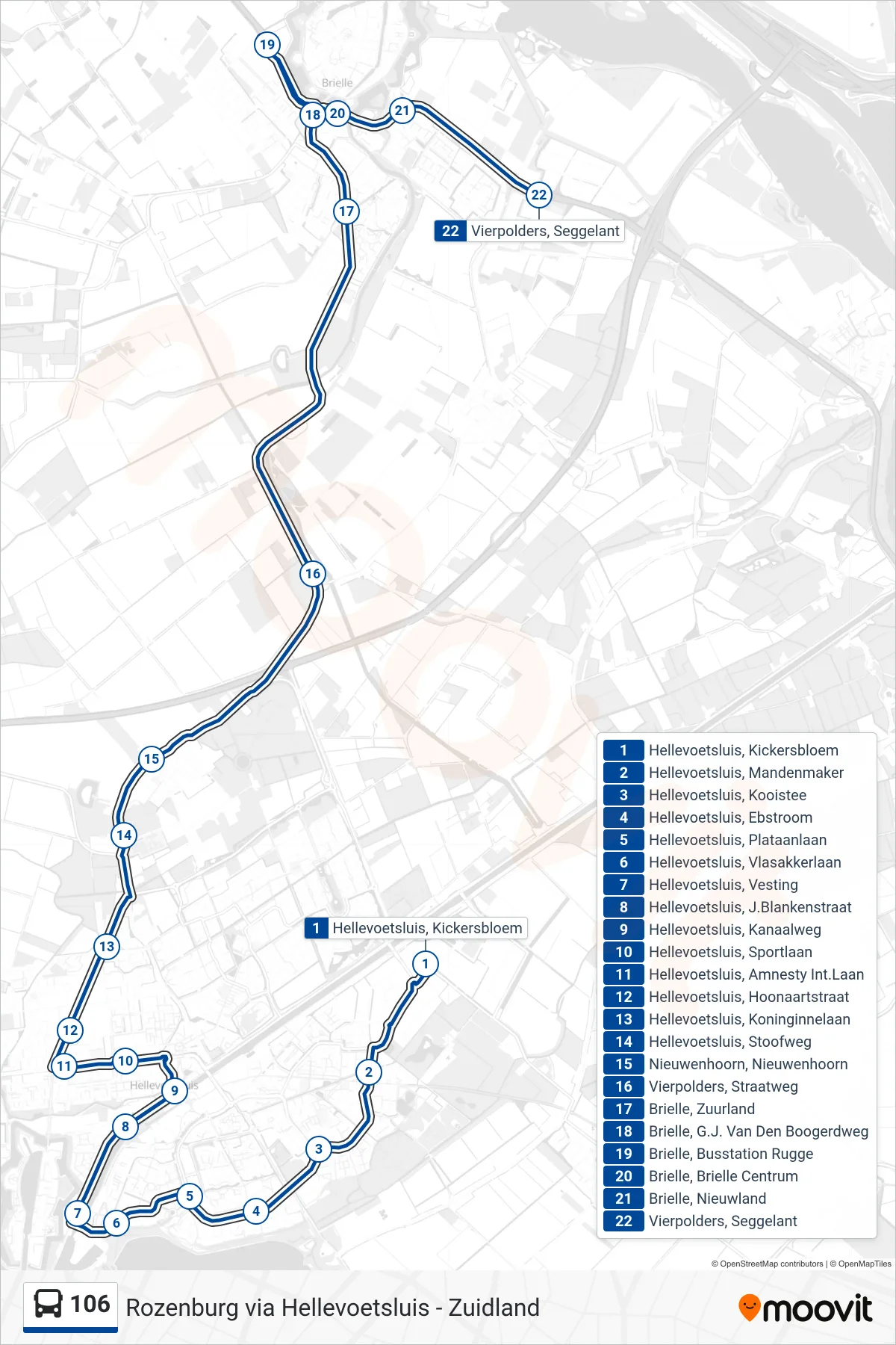 106 bus Line (Seggelant) route and stops on a map