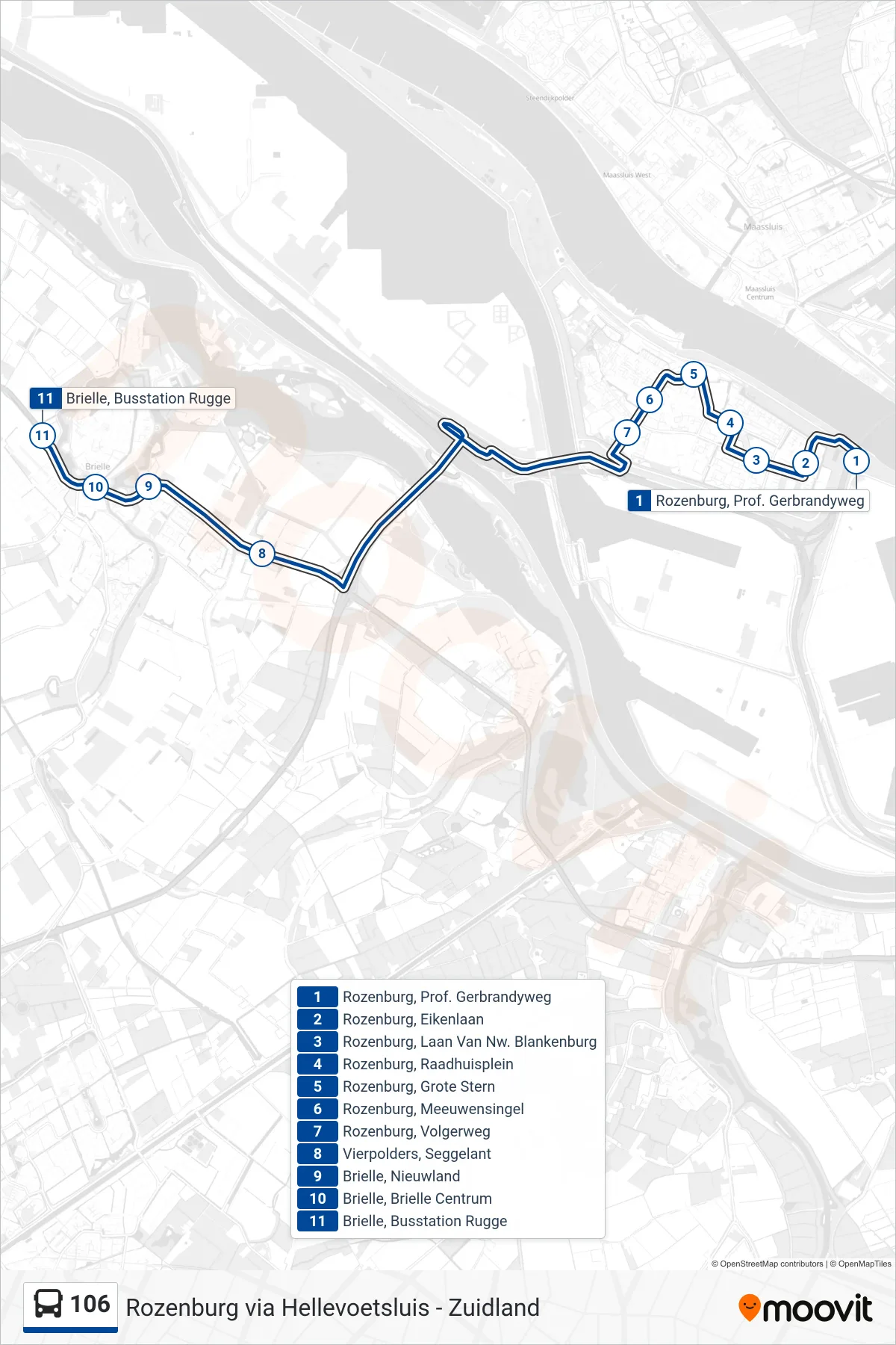 106 bus Line (Rozenburg) route and stops on a map
