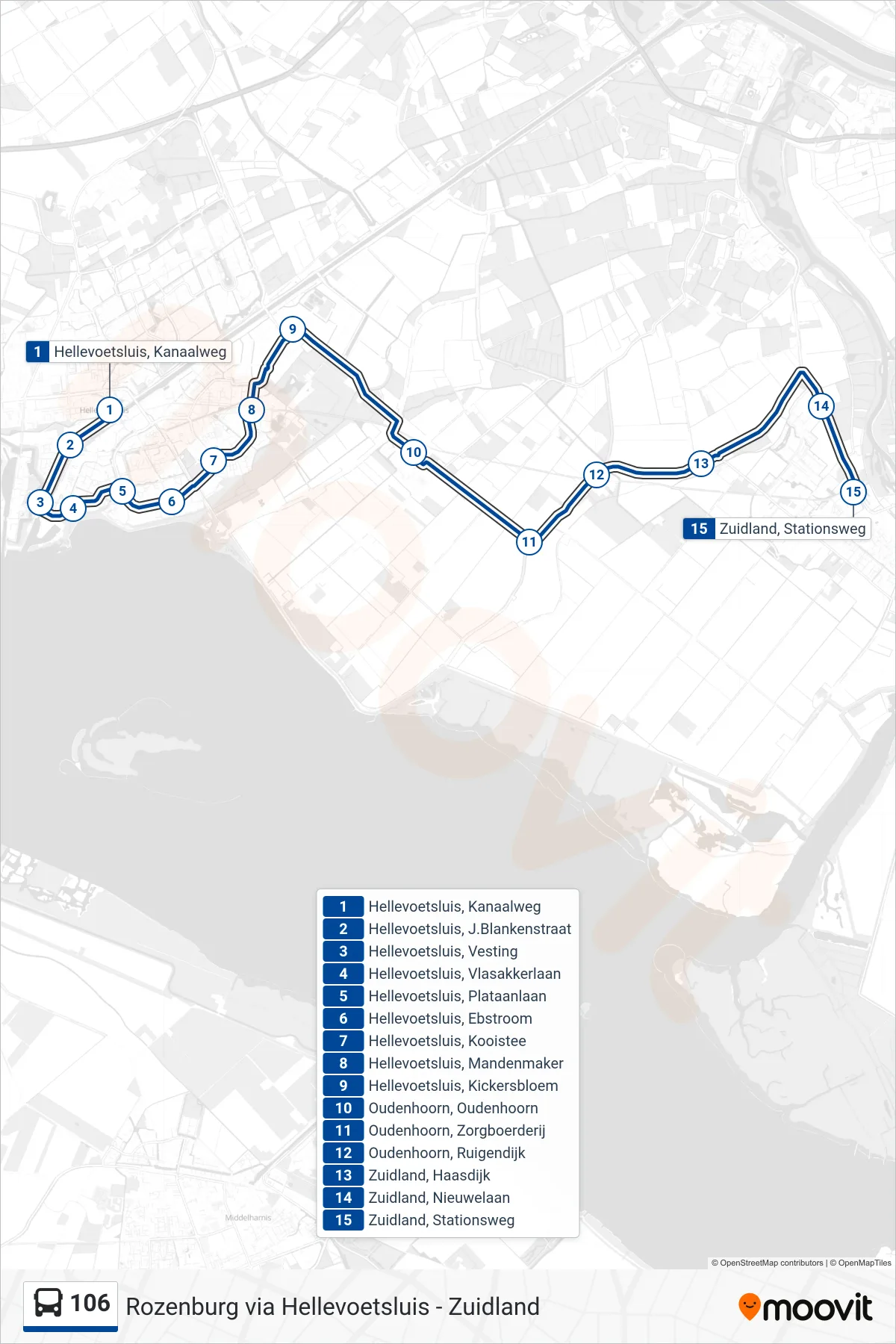 106 bus Line (Zuidland) route and stops on a map