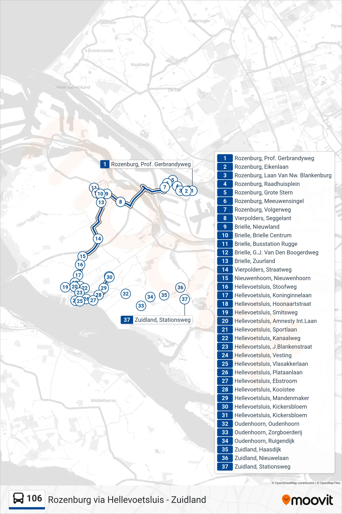 Lijn 106 (bus, Hellevoetsluis): route en haltes op de kaart